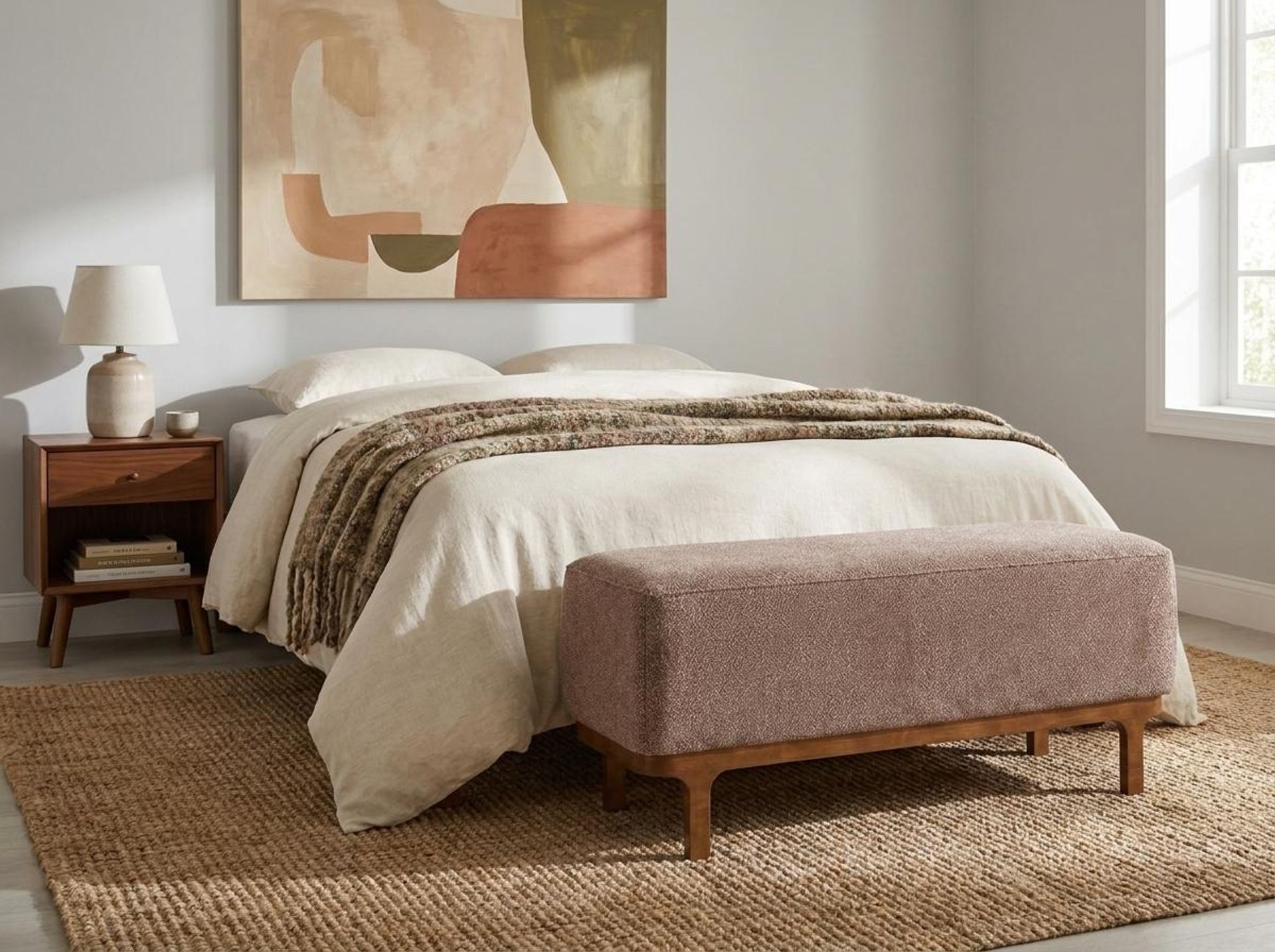 Hayden Home Premium Classic Serenity Bench, Warm Cedar Legs, Essential Ballet Slipper Upholstery