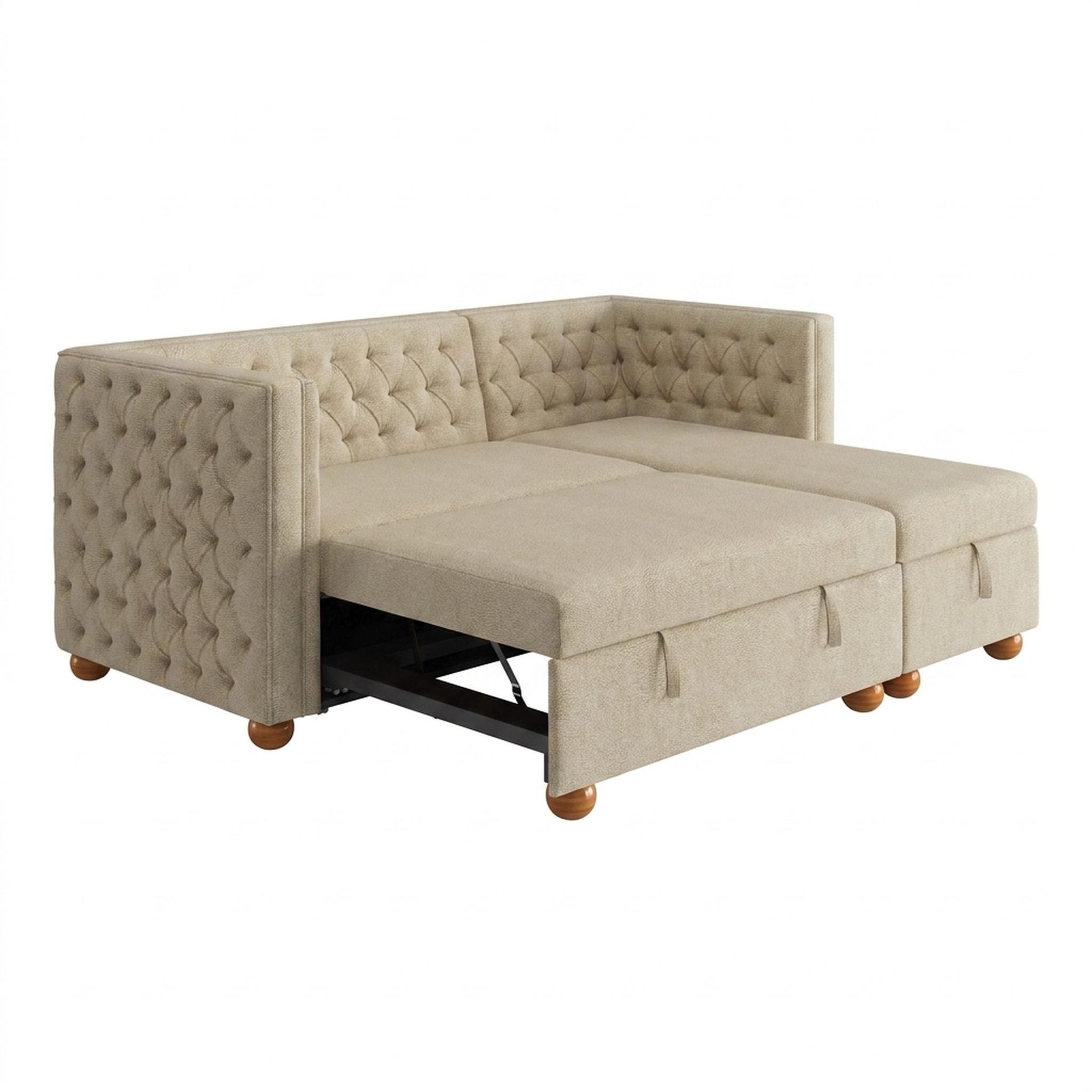 Hayden Home Premium Classic Tufted Sofa Bed, Warm Cedar Legs, Essential Sand Upholstery