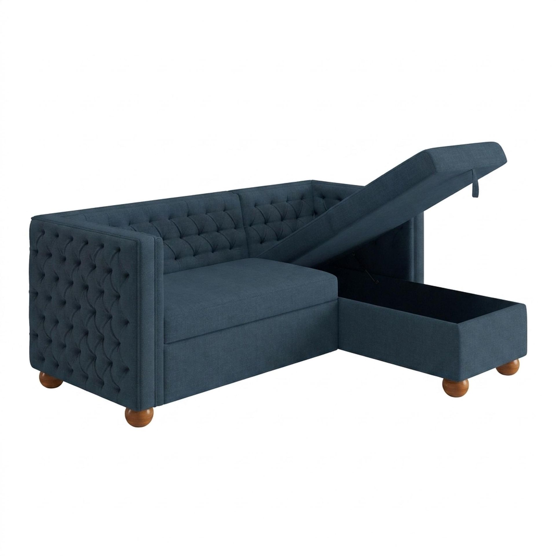 Hayden Home Premium Classic Tufted Sofa Bed, Warm Cedar Legs, Essential Aegean Blue Upholstery
