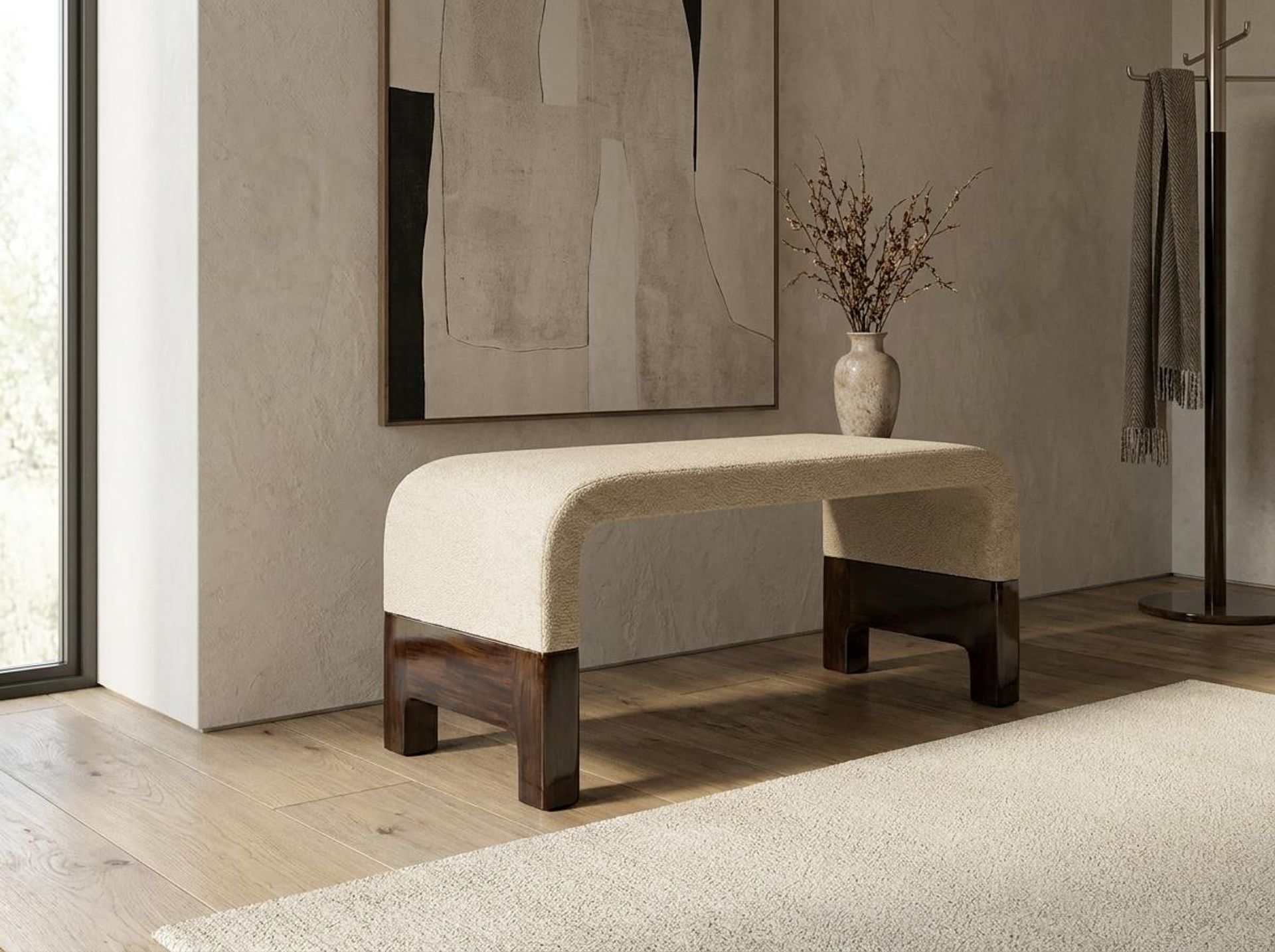 Hayden Home Premium Curved Comfort Bench, Coco Walnut Legs, Essential Sand Upholstery