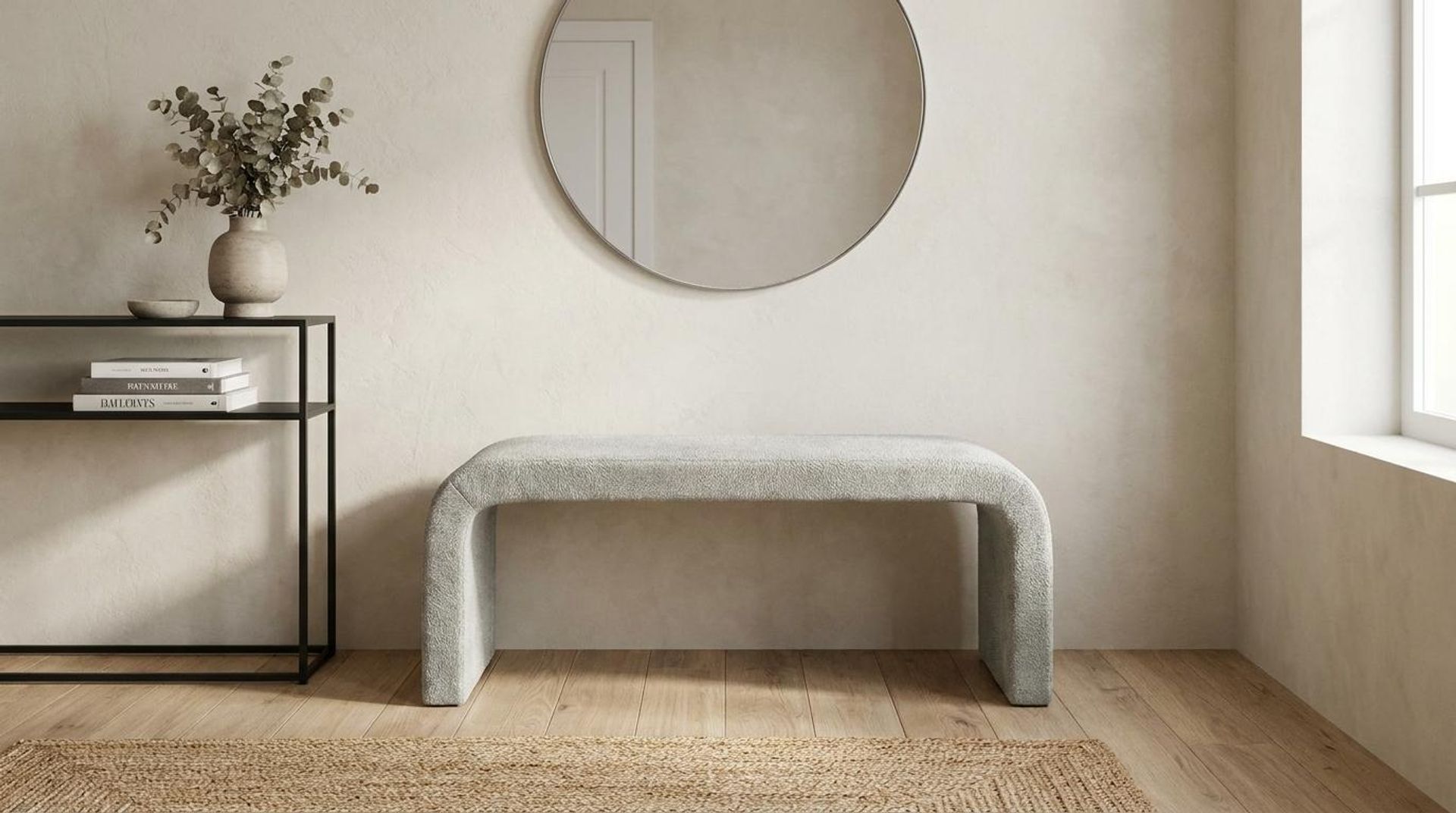 Hayden Home Premium Curved Comfort Bench, Coco Walnut Legs, Essential Bone Upholstery