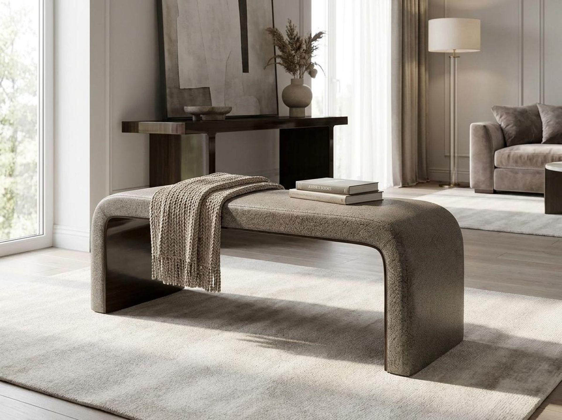 Hayden Home Premium Curved Comfort Bench, Coco Walnut Legs, Essential Biscuit Upholstery