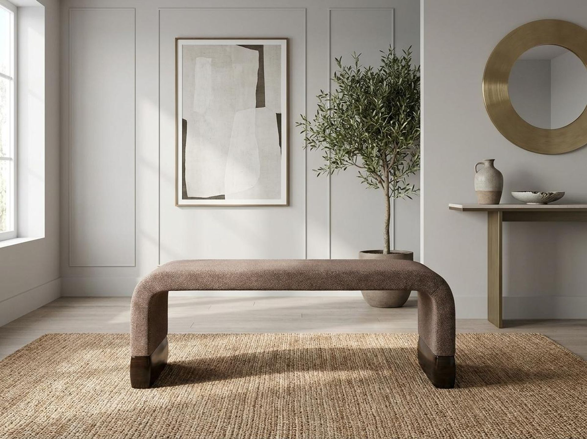 Hayden Home Premium Curved Comfort Bench, Coco Walnut Legs, Essential Ballet Slipper Upholstery
