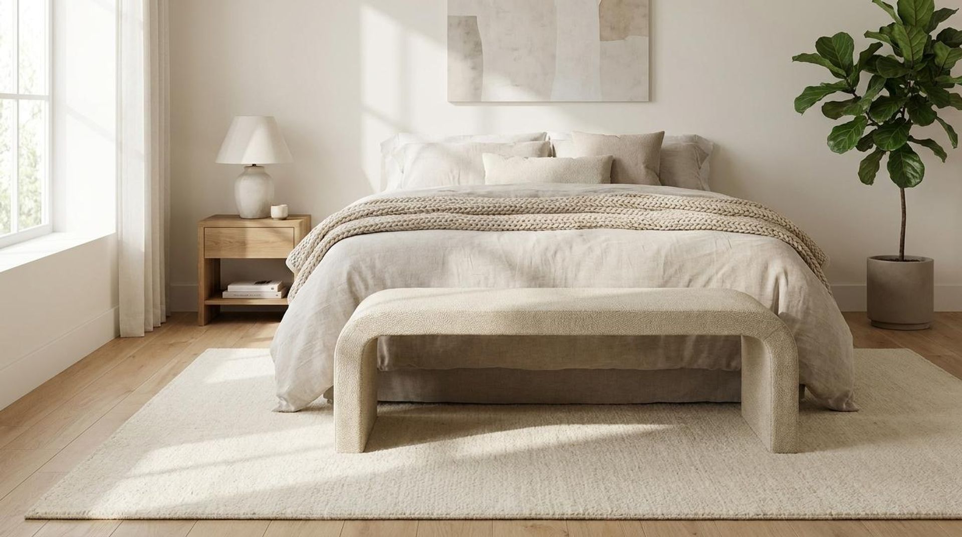Hayden Home Premium Curved Comfort Bench, Warm Cedar Legs, Essential Sand Upholstery