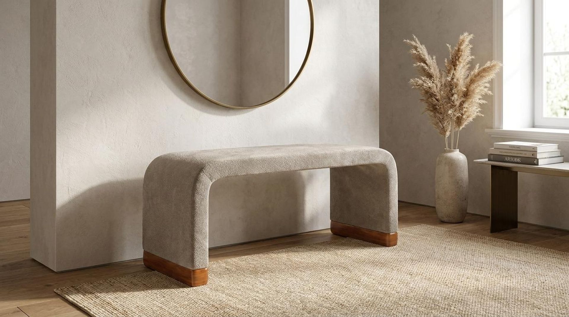 Hayden Home Premium Curved Comfort Bench, Warm Cedar Legs, Essential Bone Upholstery