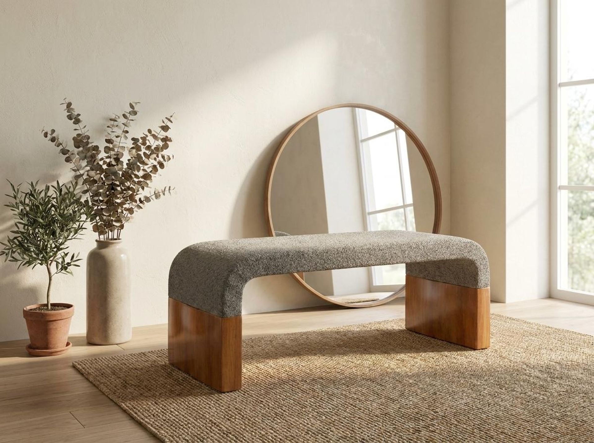Hayden Home Premium Curved Comfort Bench, Warm Cedar Legs, Essential Biscuit Upholstery