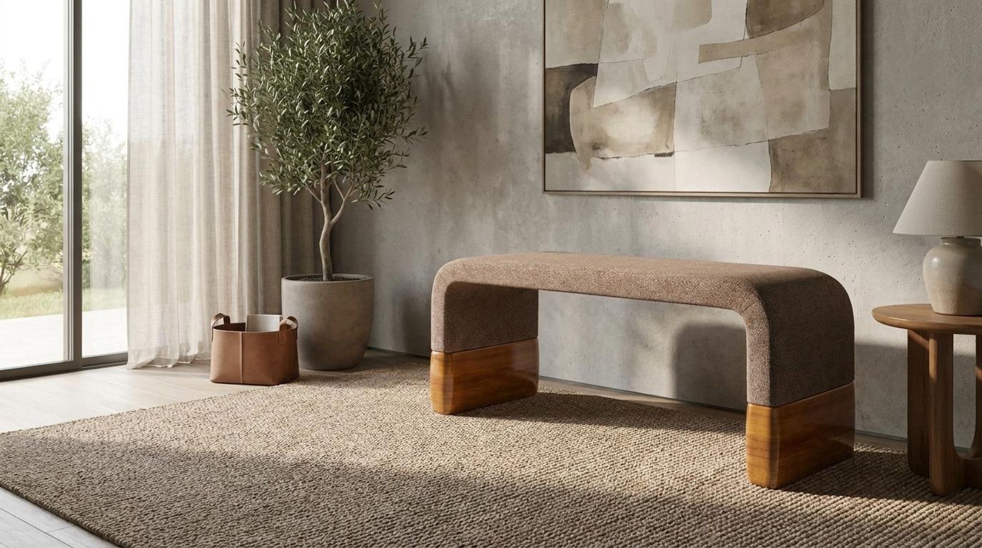 Hayden Home Premium Curved Comfort Bench, Warm Cedar Legs, Essential Ballet Slipper Upholstery