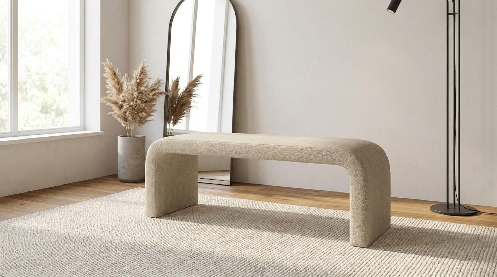 Hayden Home Premium Curved Comfort Bench, Warm Cedar Legs, Premium Alabaster Upholstery