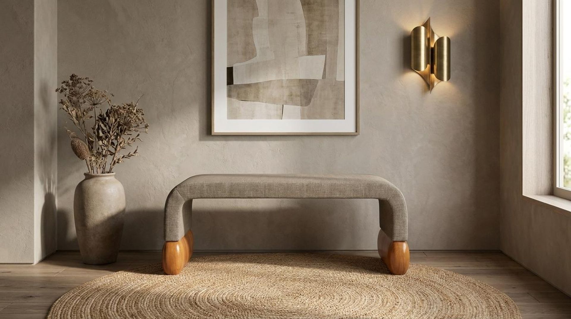 Hayden Home Premium Curved Comfort Bench, Warm Cedar Legs, Premium Dusky Biege Upholstery