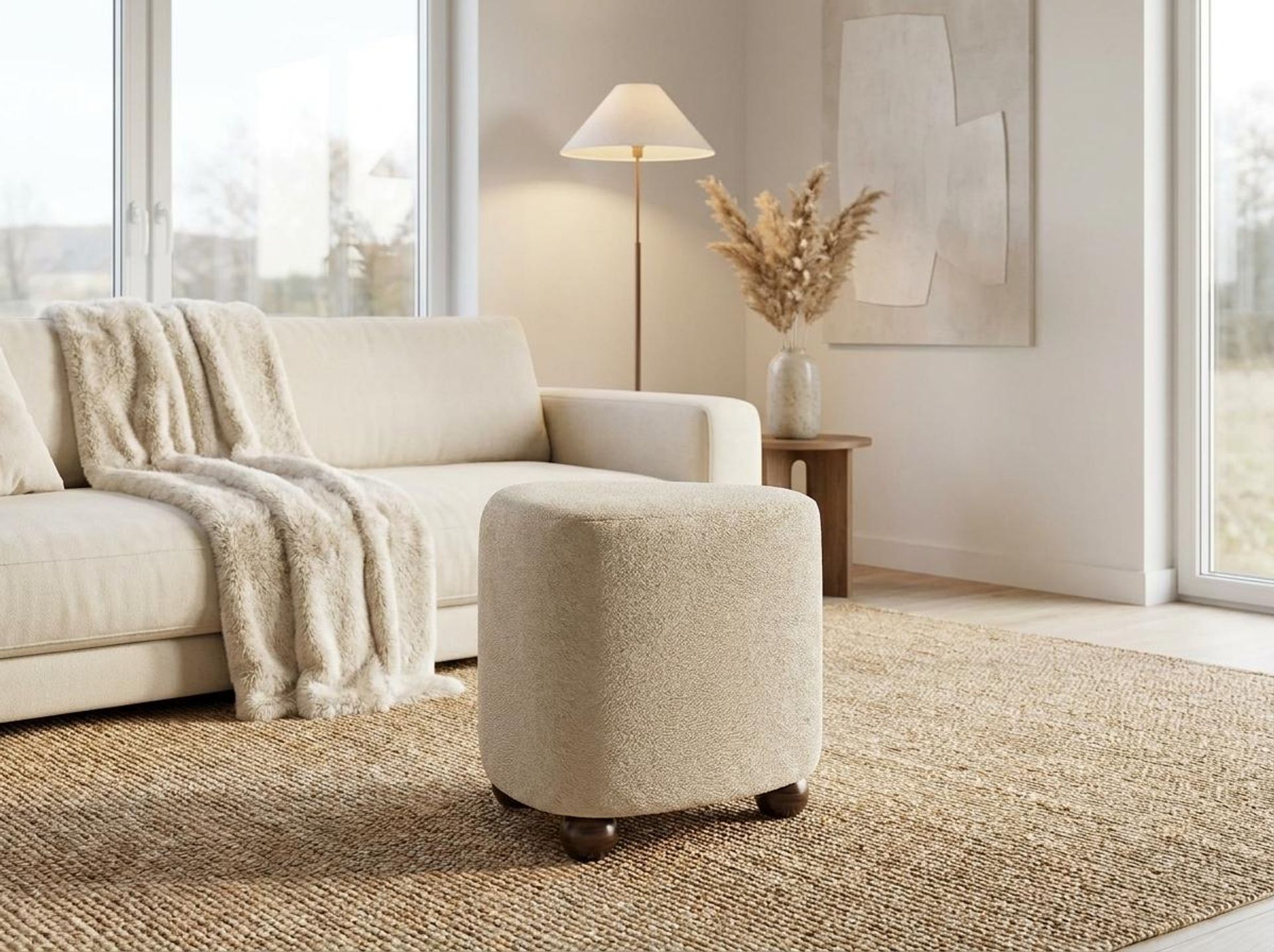 Hayden Home Premium Curved Triad Pouf, Coco Walnut Legs, Essential Sand Upholstery