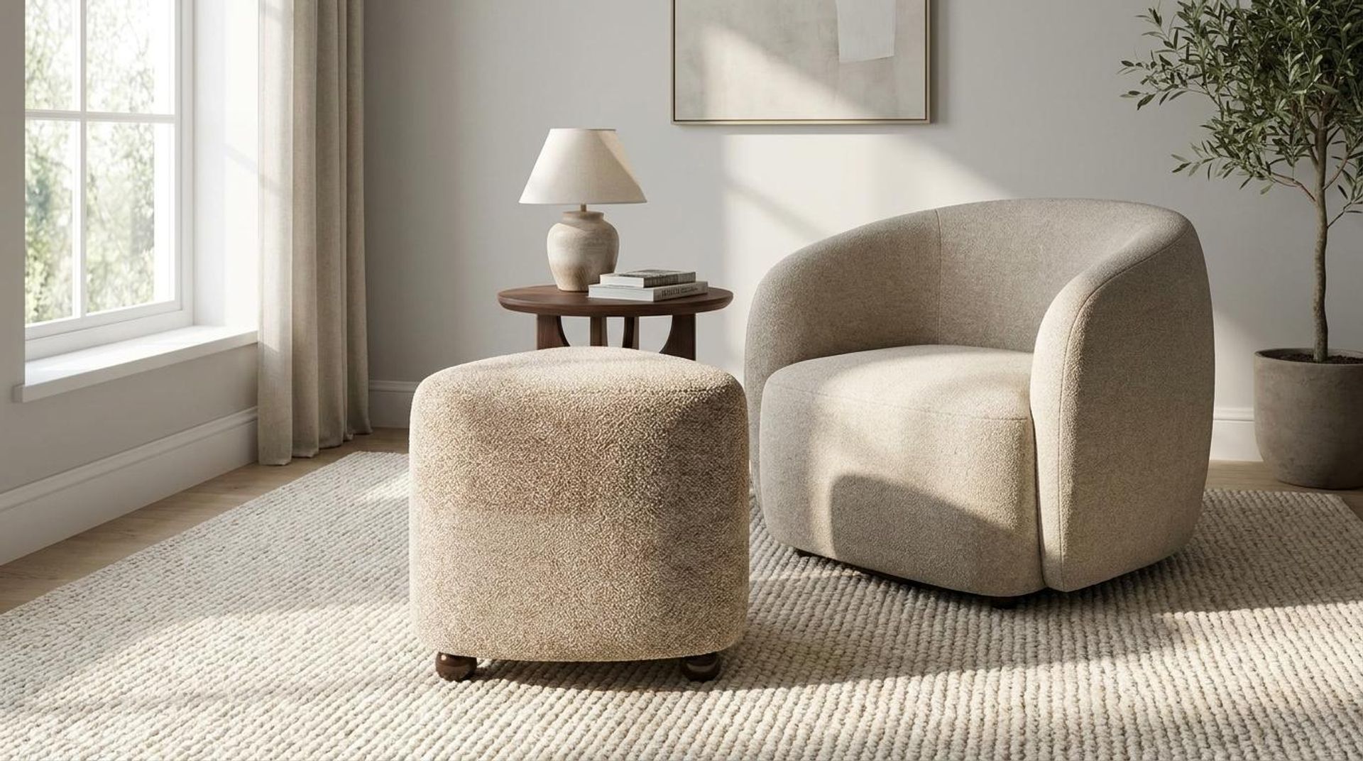 Hayden Home Premium Curved Triad Pouf, Coco Walnut Legs, Essential Bone Upholstery