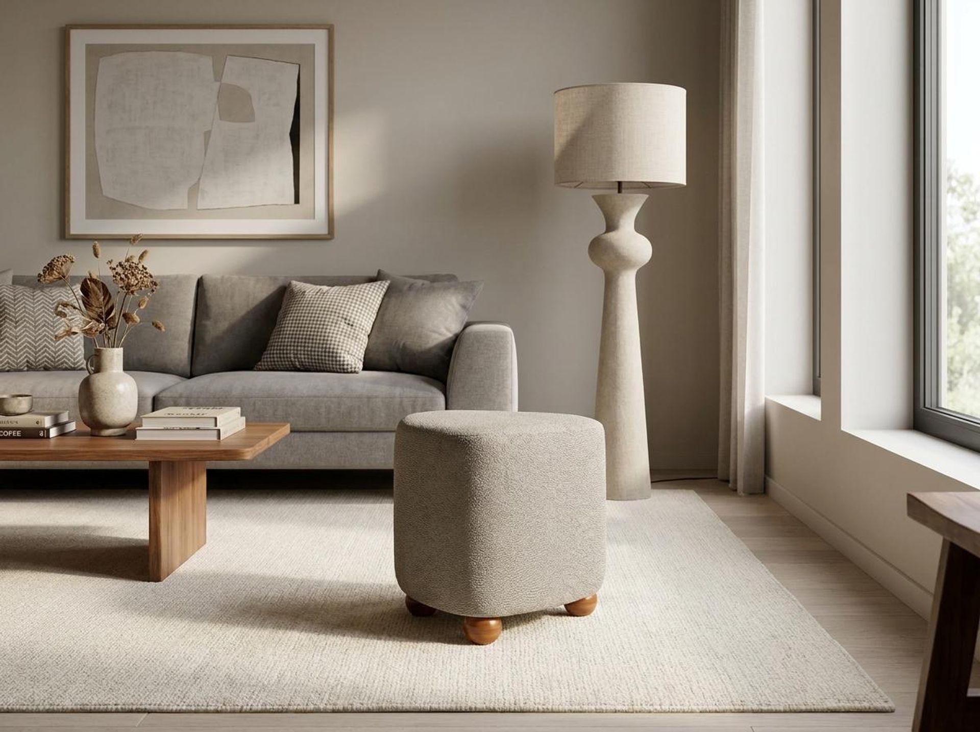 Hayden Home Premium Curved Triad Pouf, Warm Cedar Legs, Essential Bone Upholstery