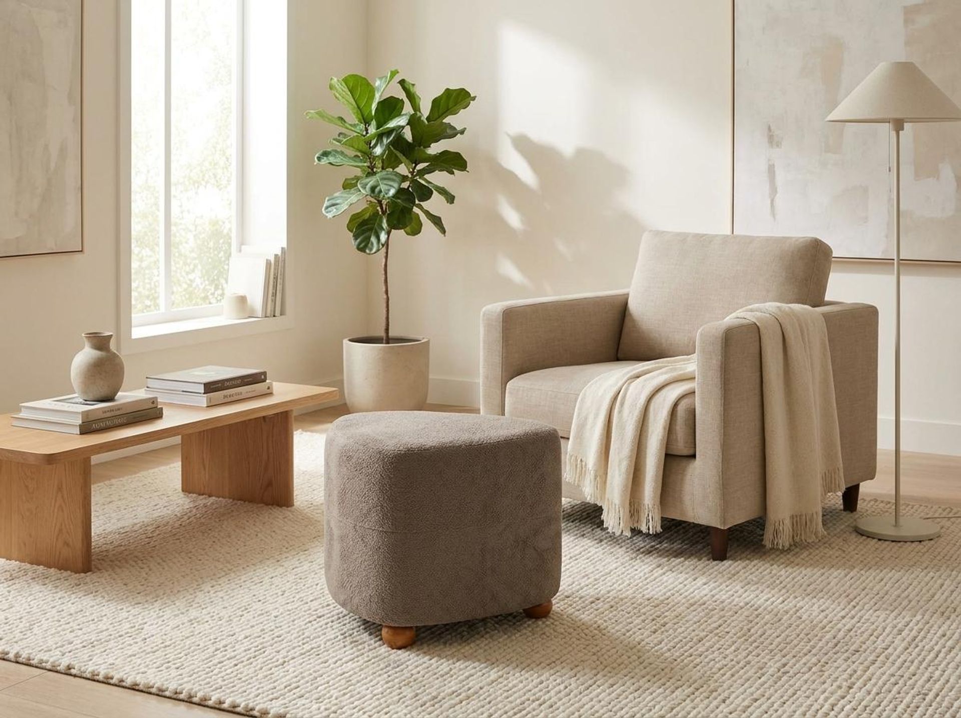 Hayden Home Premium Curved Triad Pouf, Warm Cedar Legs, Essential Biscuit Upholstery
