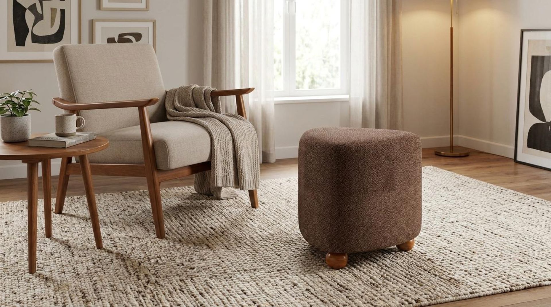 Hayden Home Premium Curved Triad Pouf, Warm Cedar Legs, Essential Ballet Slipper Upholstery