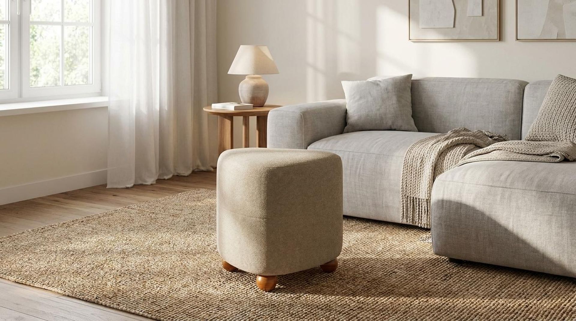 Hayden Home Premium Curved Triad Pouf, Warm Cedar Legs, Premium Alabaster Upholstery