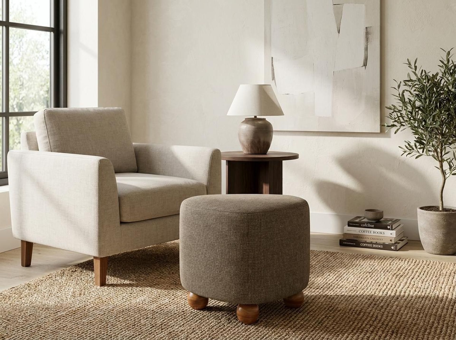 Hayden Home Premium Curved Triad Pouf, Warm Cedar Legs, Premium Dusky Biege Upholstery
