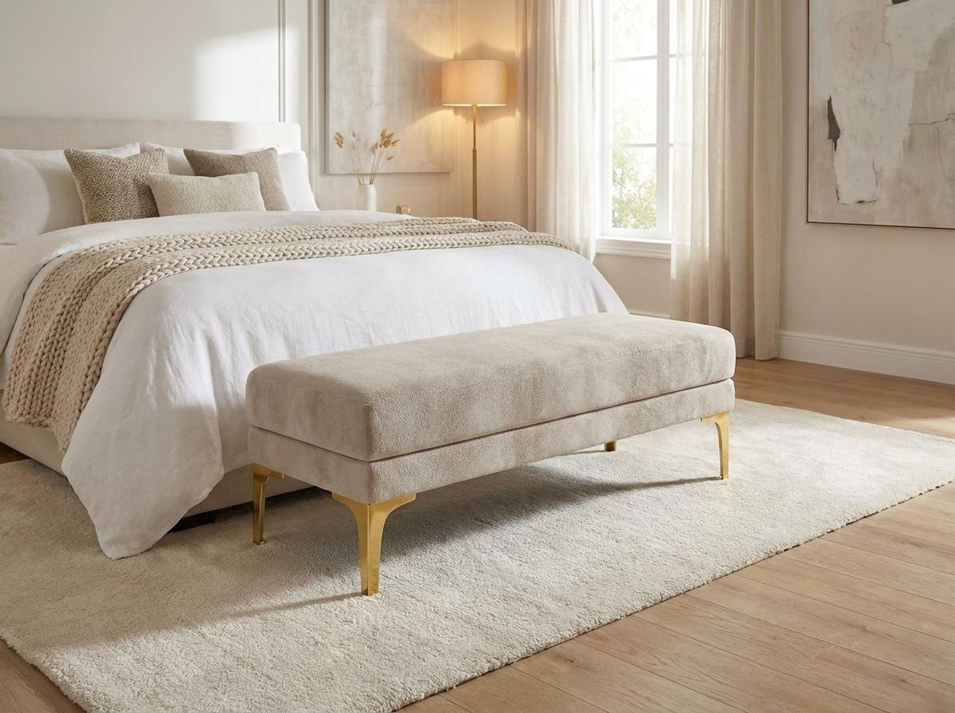 Hayden Home Premium Grove Retreat Bench, PVD Brushed Gold Legs, Essential Bone Upholstery