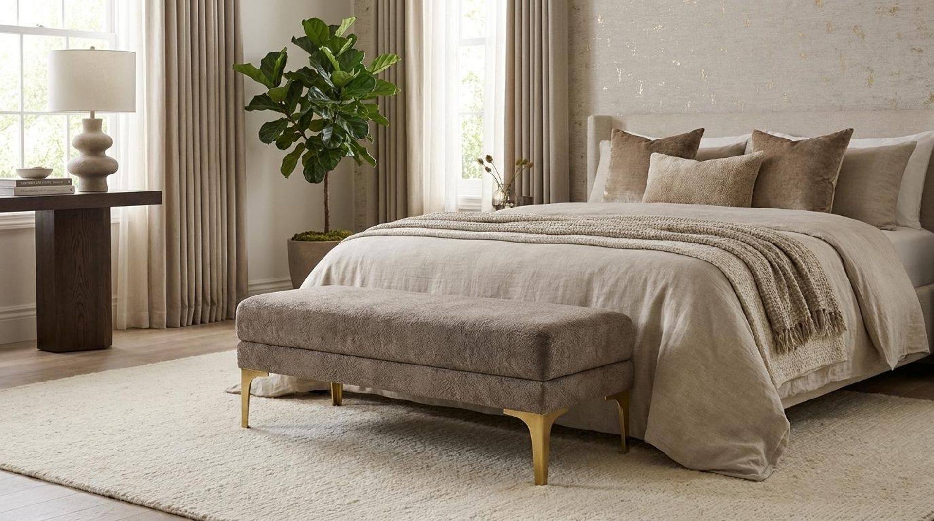 Hayden Home Premium Grove Retreat Bench, PVD Brushed Gold Legs, Essential Biscuit Upholstery
