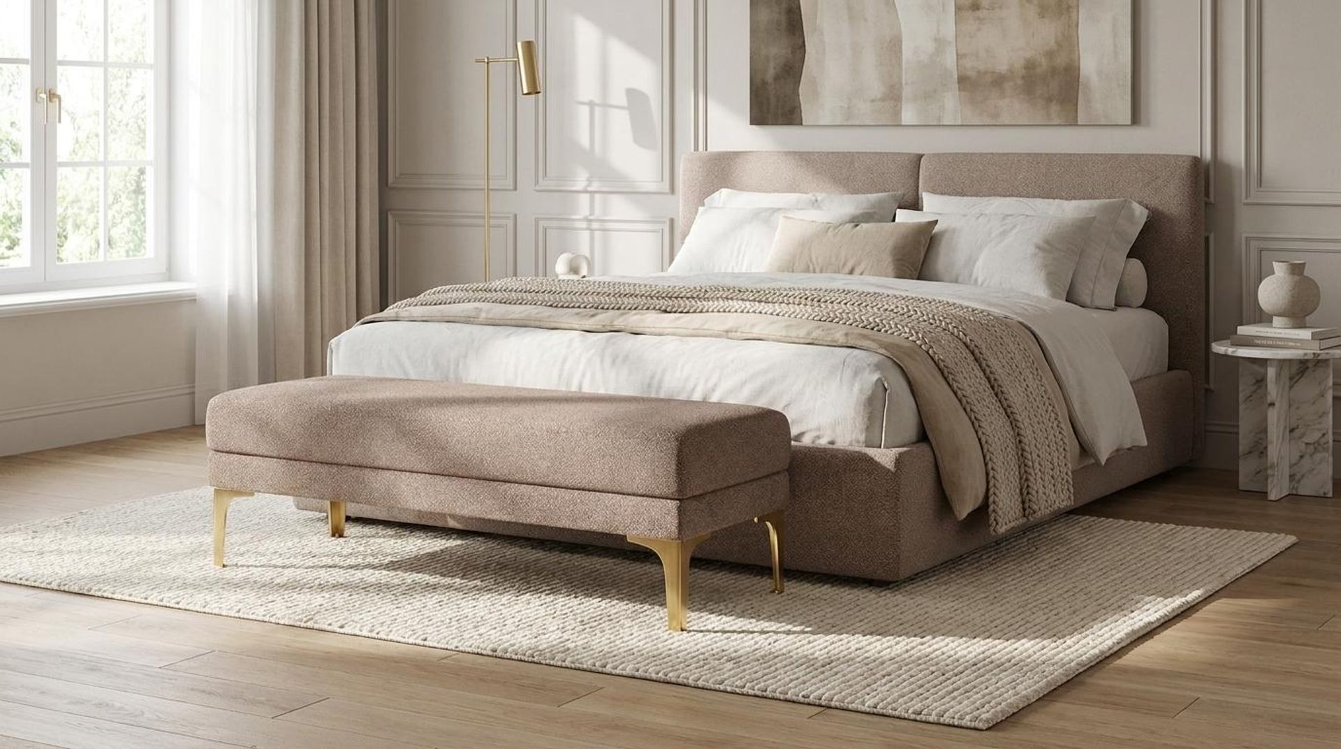 Hayden Home Premium Grove Retreat Bench, PVD Brushed Gold Legs, Essential Ballet Slipper Upholstery