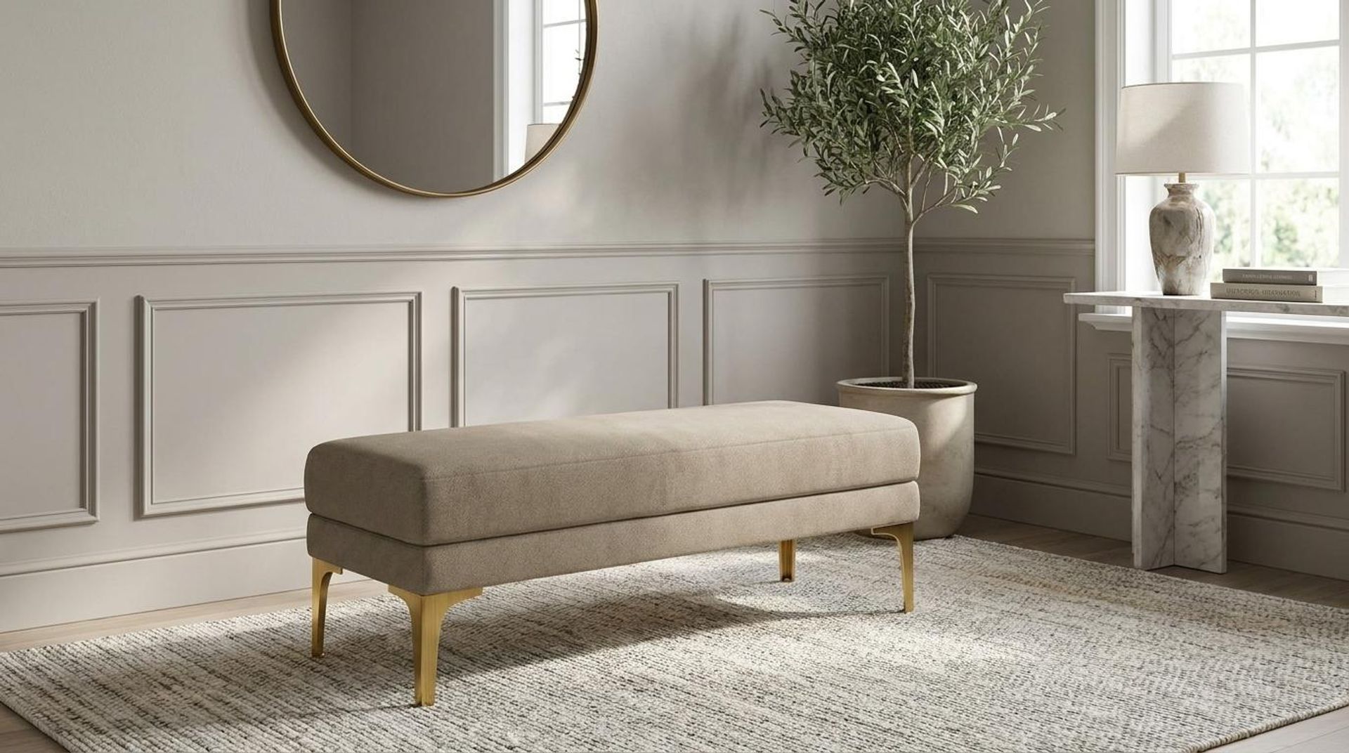 Hayden Home Premium Grove Retreat Bench, PVD Brushed Gold Legs, Premium Alabaster Upholstery