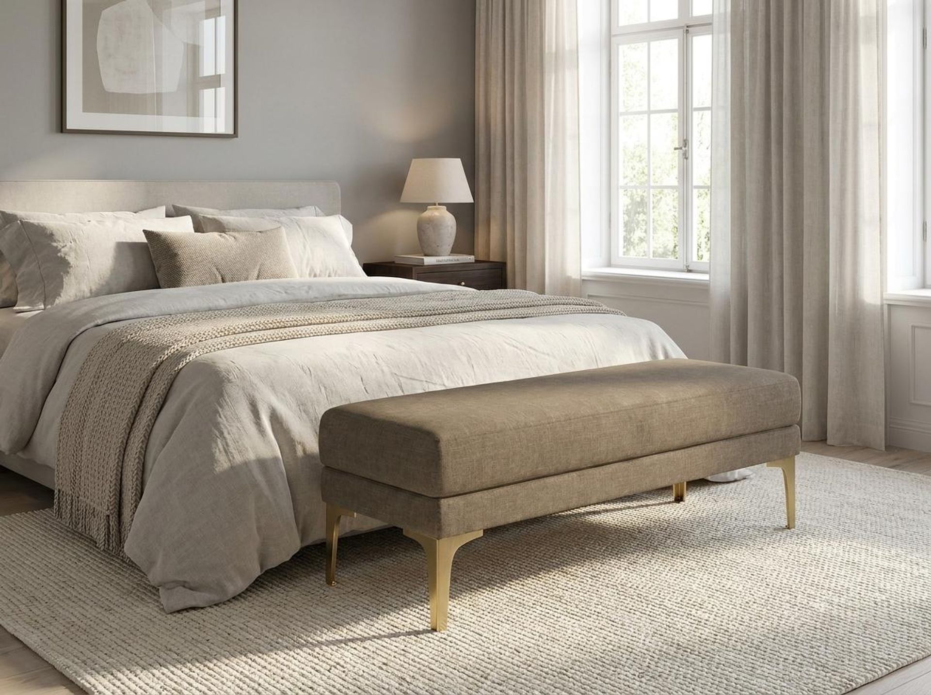 Hayden Home Premium Grove Retreat Bench, PVD Brushed Gold Legs, Premium Dusky Biege Upholstery