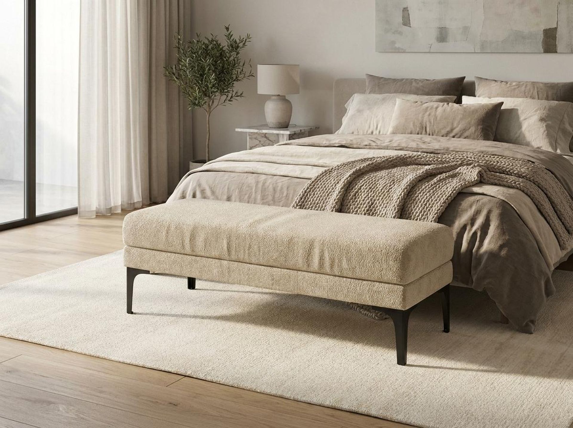 Hayden Home Premium Grove Retreat Bench, Matt Black Legs, Essential Sand Upholstery