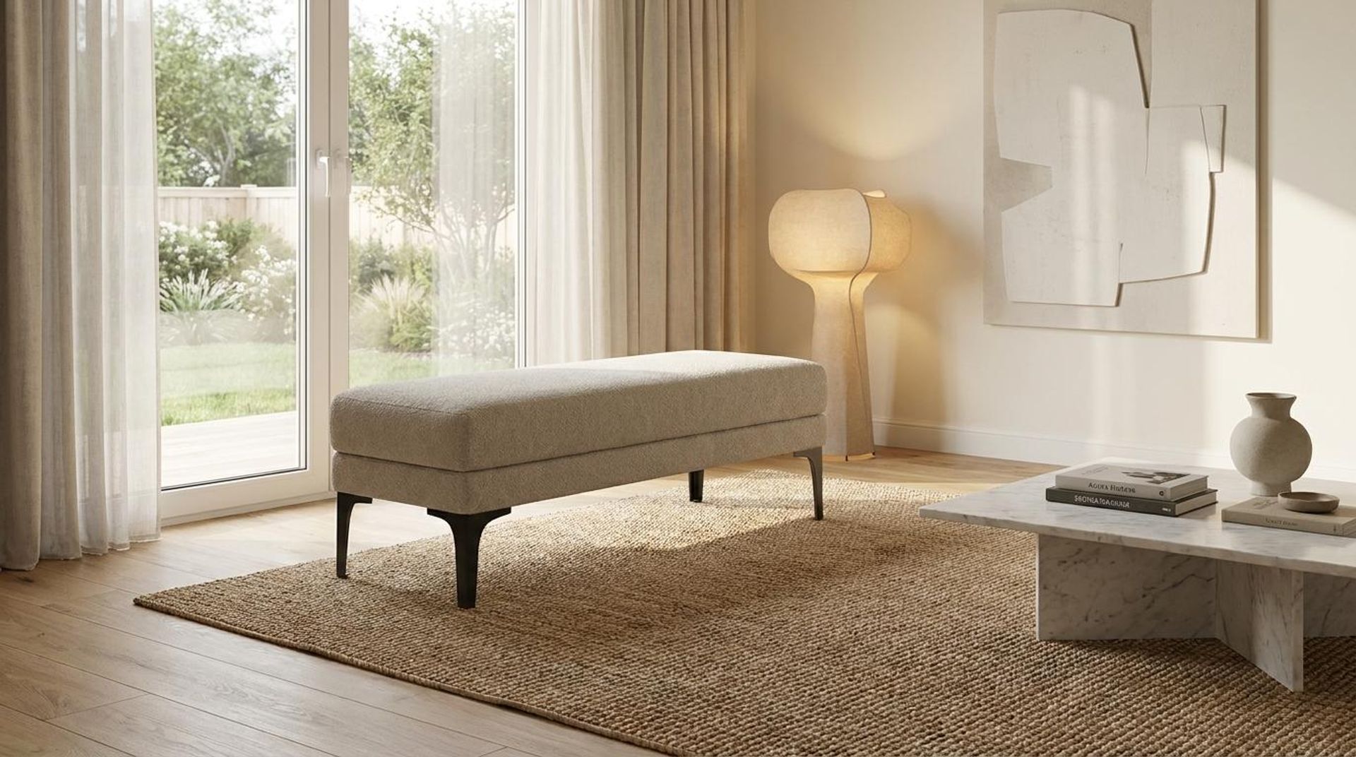 Hayden Home Premium Grove Retreat Bench, Matt Black Legs, Essential Bone Upholstery