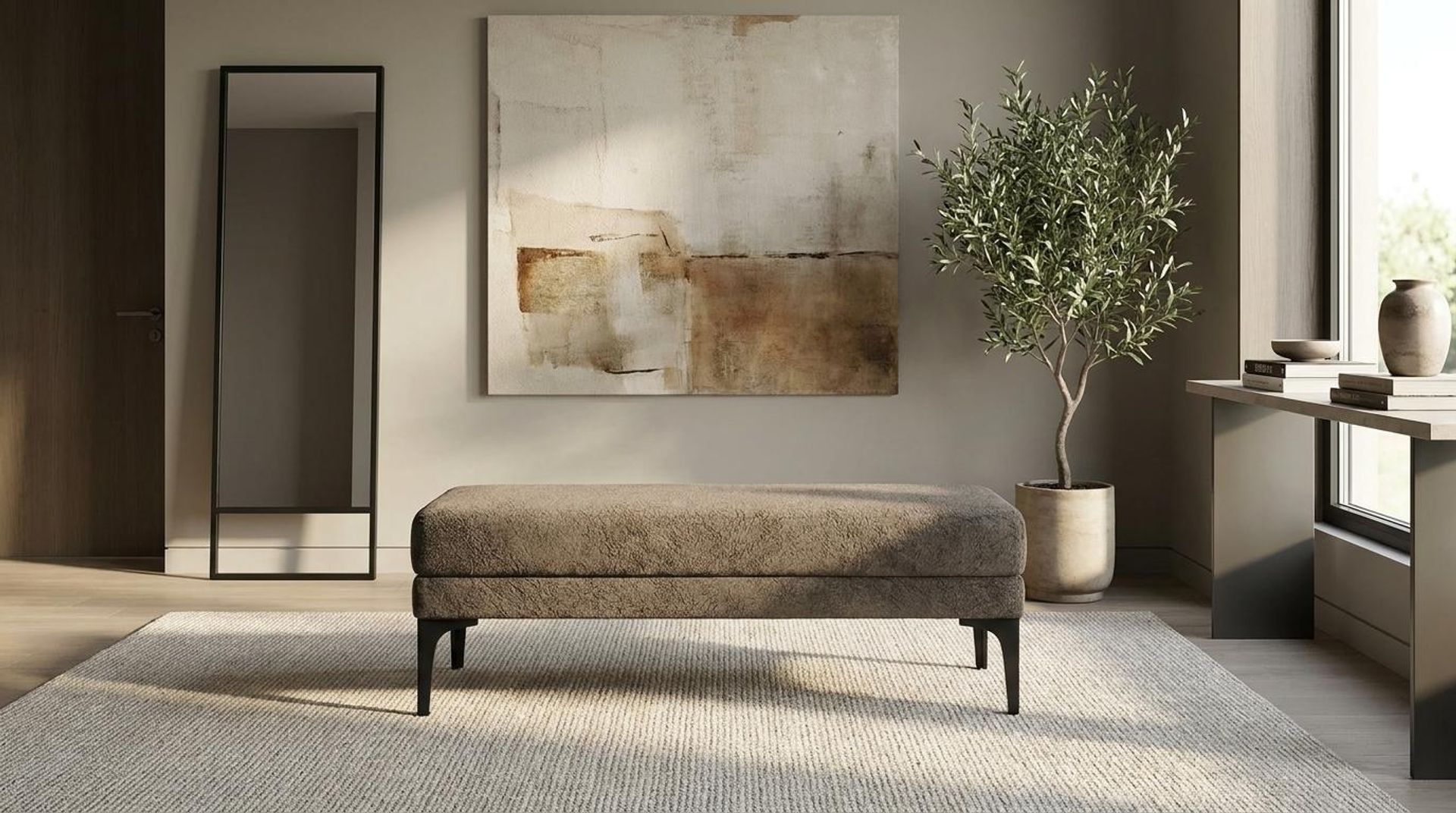 Hayden Home Premium Grove Retreat Bench, Matt Black Legs, Essential Biscuit Upholstery
