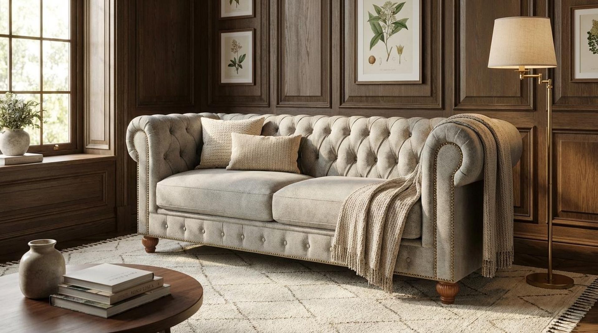 Hayden Home Premium Cambridge 3 Seater Sofa, Warm Cedar Leg, Essential Bone Upholstery