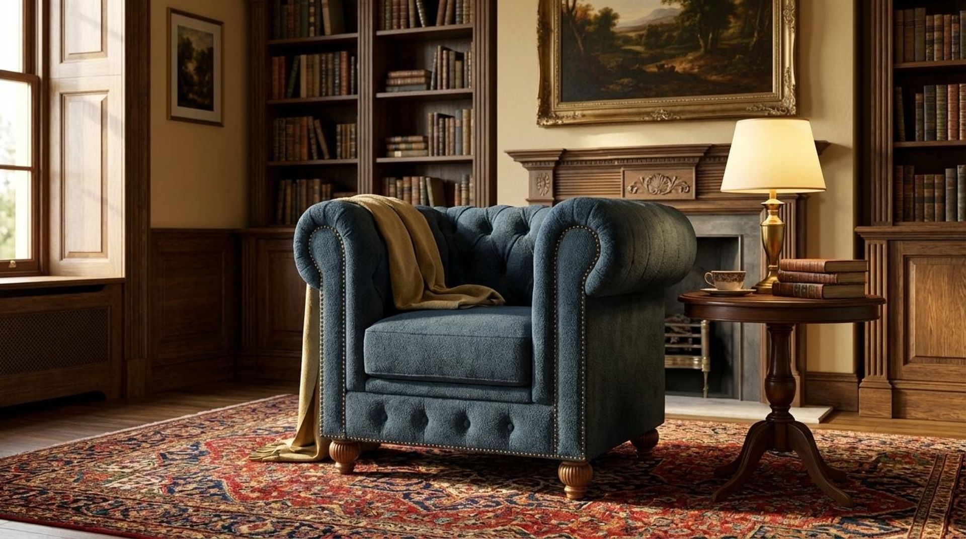 Hayden Home Premium Cambridge 1 Seater Sofa, Warm Cedar Leg, Essential Vintage Blue Upholstery
