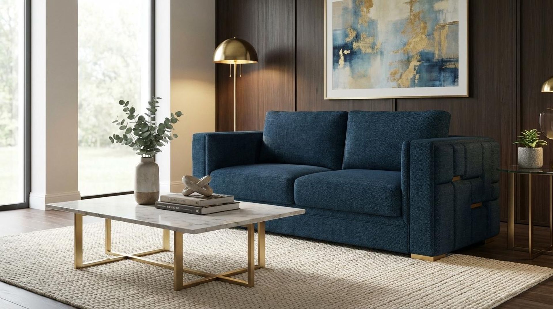 Hayden Home Premium Dubai 3 Seater Sofa, PVD Brushed Gold Leg, Premium Steel Blue Upholstery