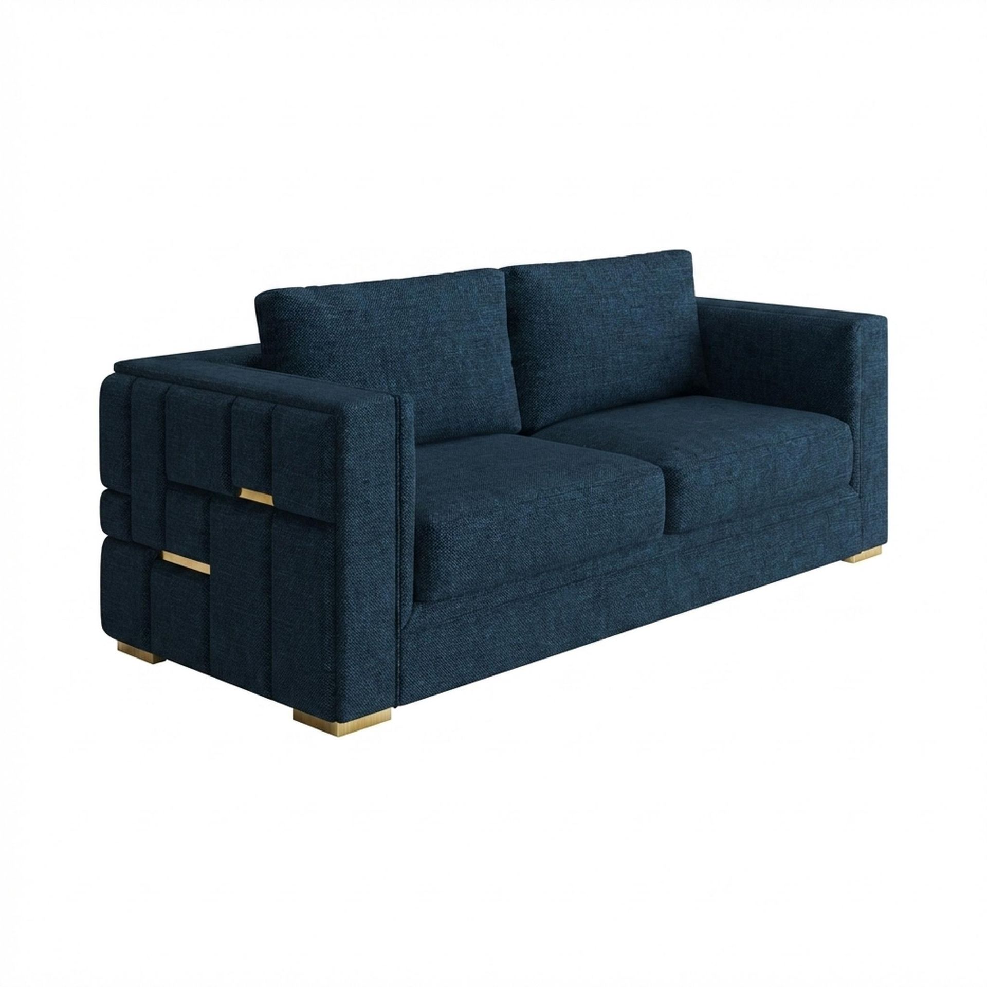 Hayden Home Premium Dubai 3 Seater Sofa, PVD Brushed Gold Leg, Premium Steel Blue Upholstery