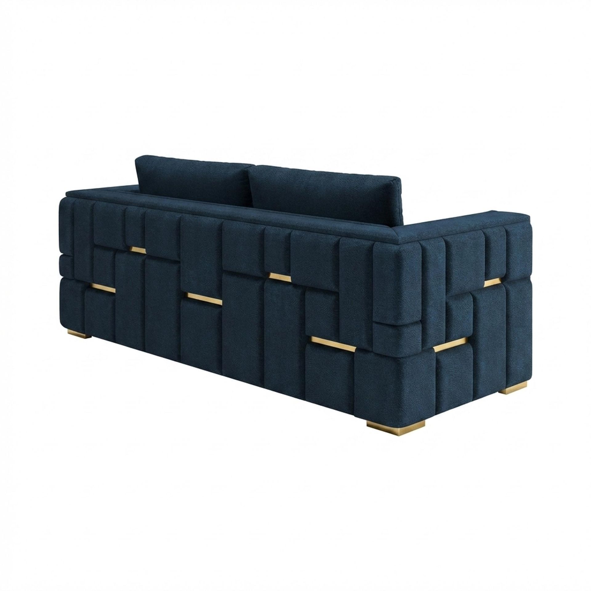 Hayden Home Premium Dubai 3 Seater Sofa, PVD Brushed Gold Leg, Premium Steel Blue Upholstery