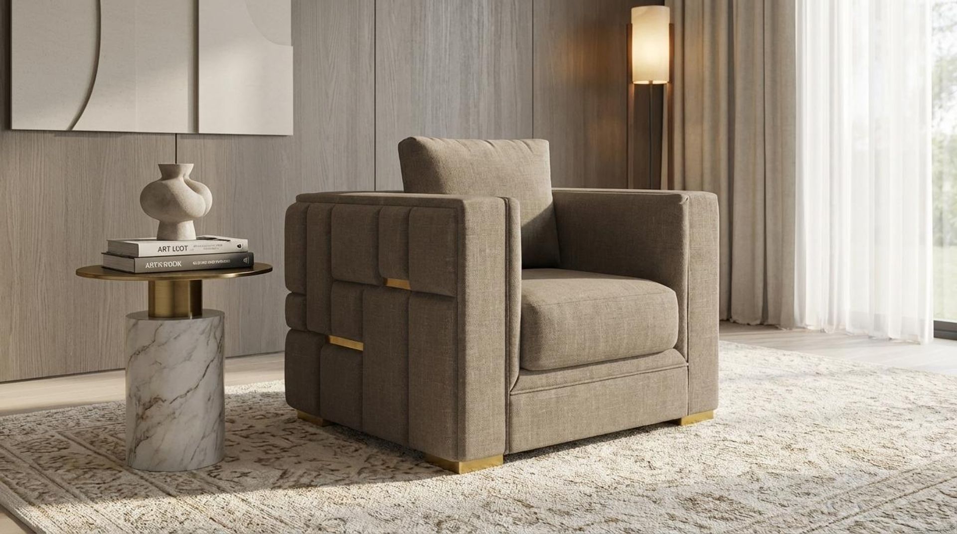 Hayden Home Premium Dubai 1 Seater Sofa, PVD Brushed Gold Leg, Premium Dusky Biege Upholstery
