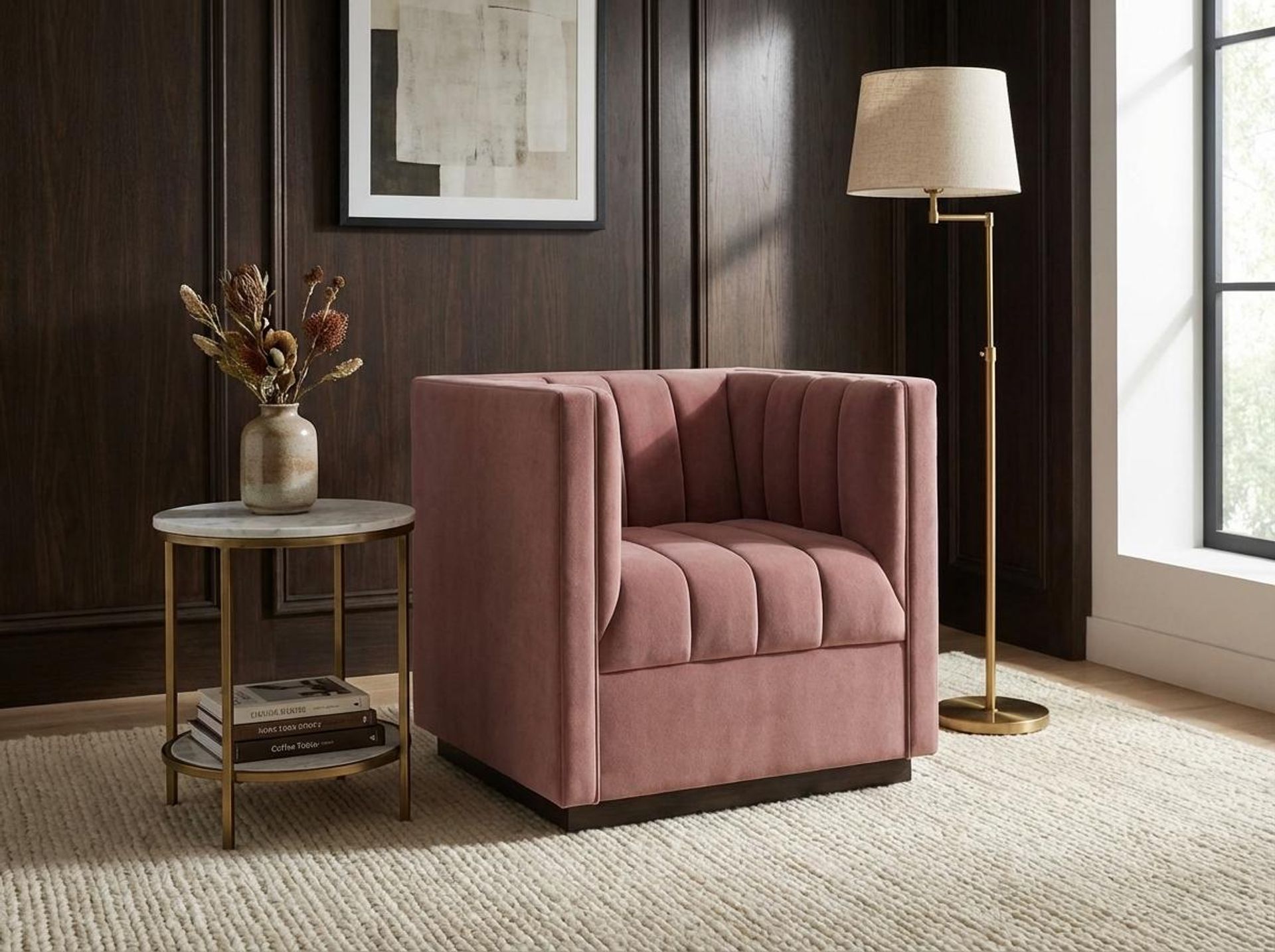 Hayden Home Premium Lagos 1 Seater Sofa, Coco Walnut Leg, Premium Ballet Pink Upholstery