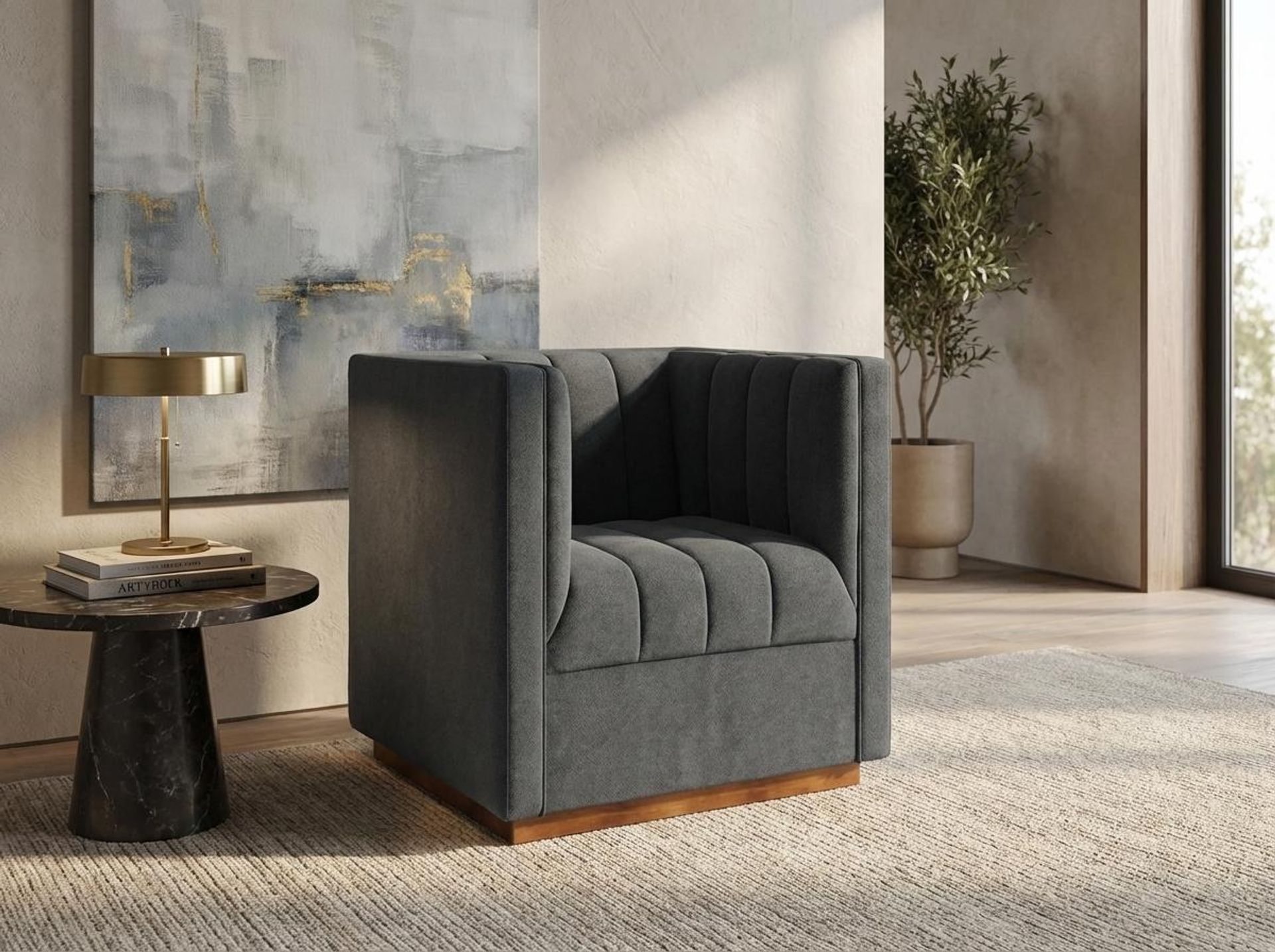Hayden Home Premium Lagos 1 Seater Sofa, Warm Cedar Leg, Premium Fog Grey Upholstery
