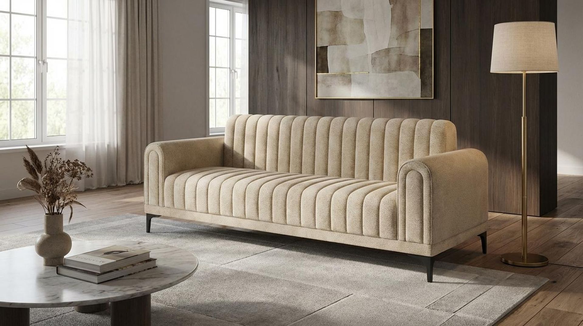 Hayden Home Premium New York 3 Seater Sofa, Matt Black Leg, Essential Sand Upholstery
