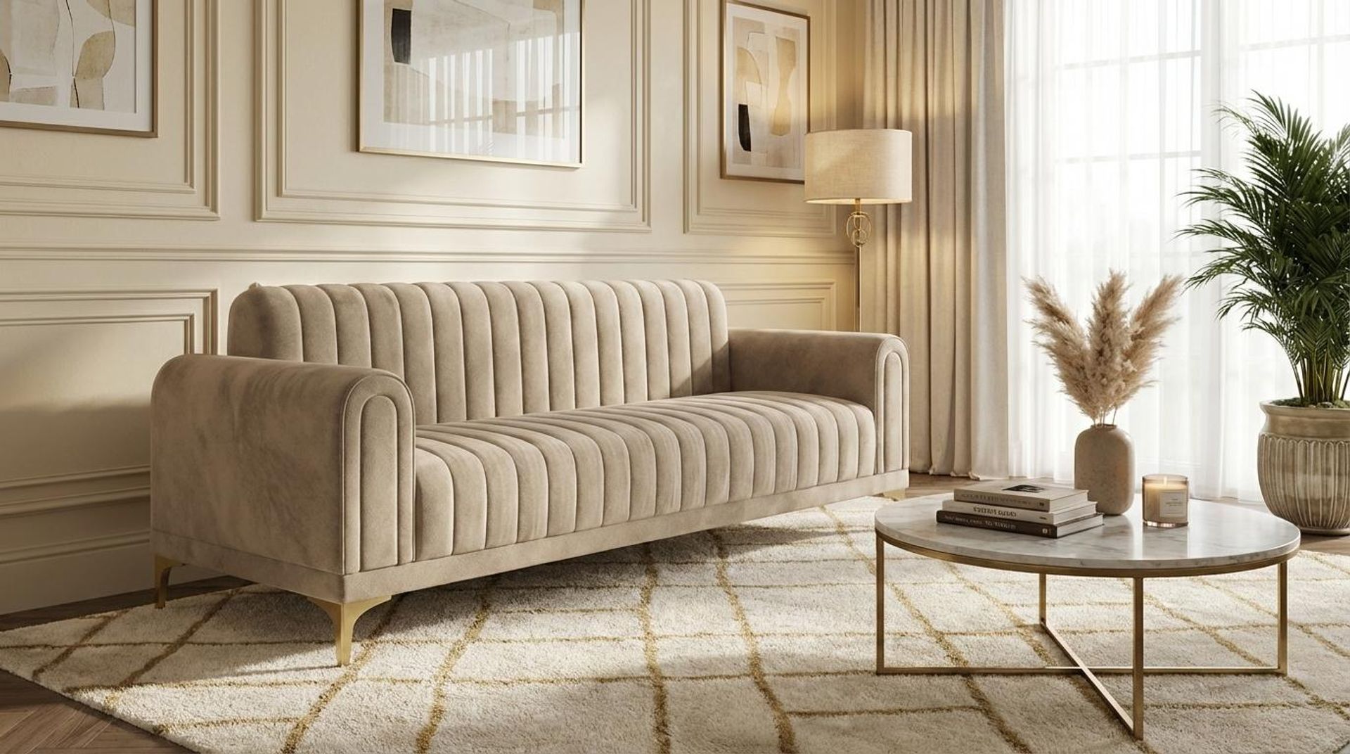Hayden Home Premium New York 3 Seater Sofa, PVD Brushed Gold Leg, Premium Alabaster Upholstery