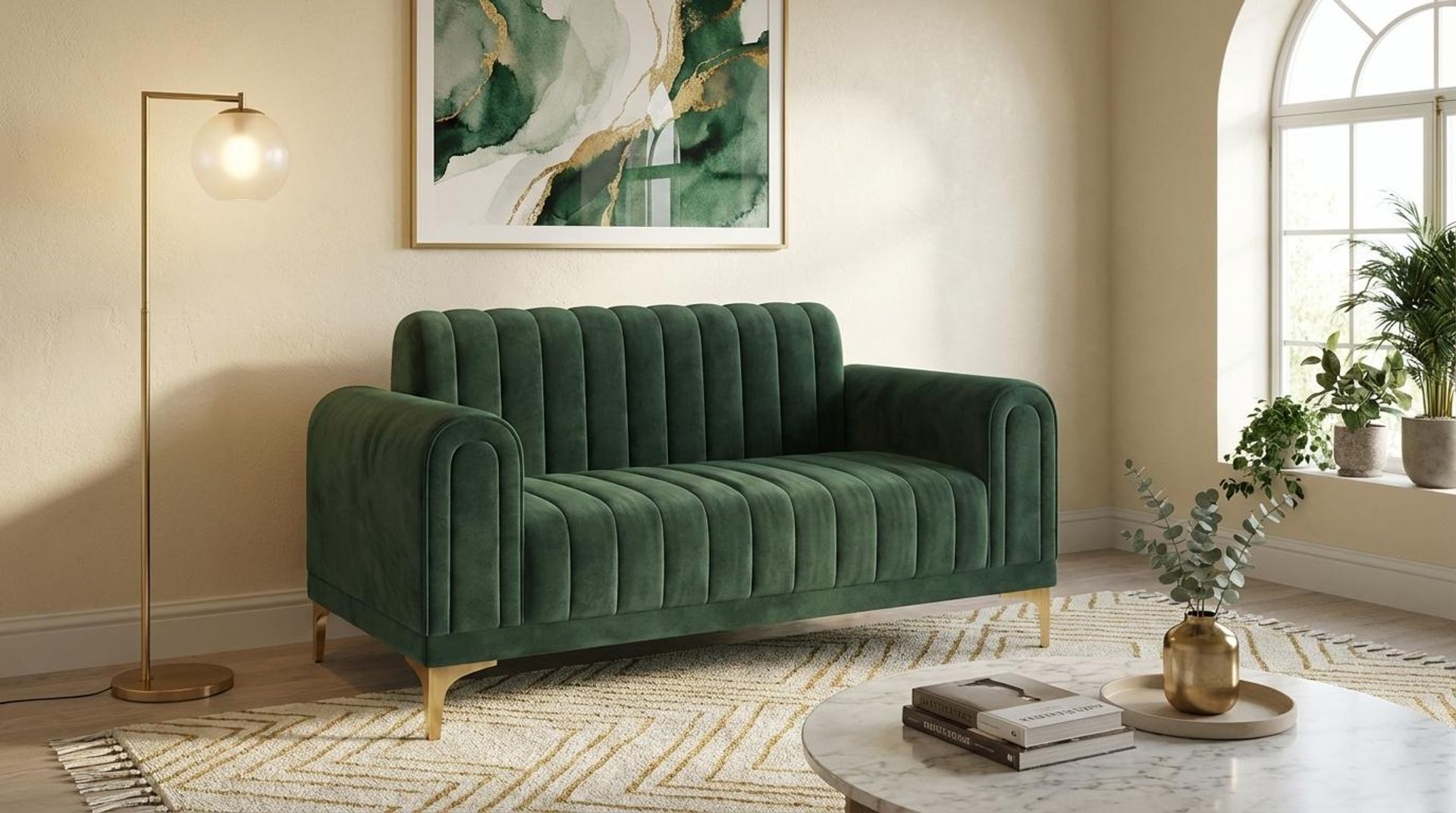 Hayden Home Premium New York 2 Seater Sofa, PVD Brushed Gold Leg, Premium Powder Green Upholstery