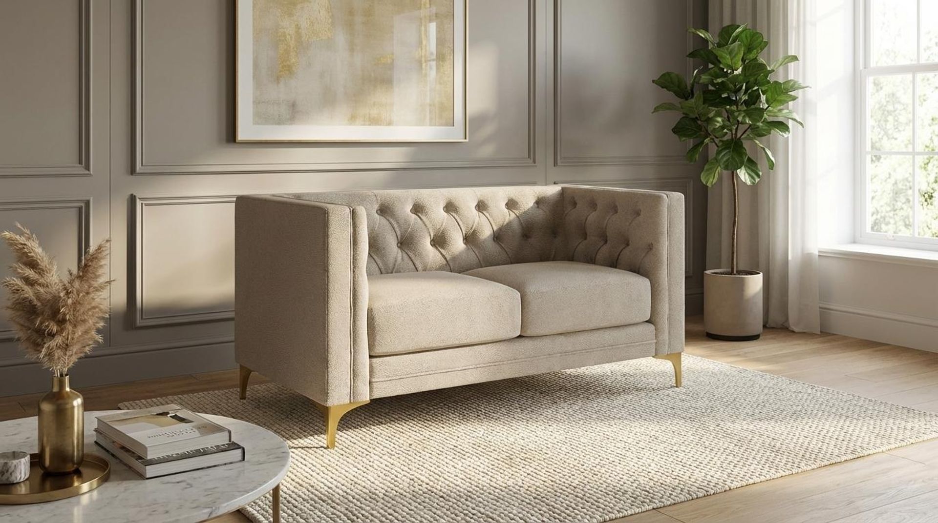 Hayden Home Premium Oslo 2 Seater Sofa, PVD Brushed Gold Leg, Essential Bone Upholstery