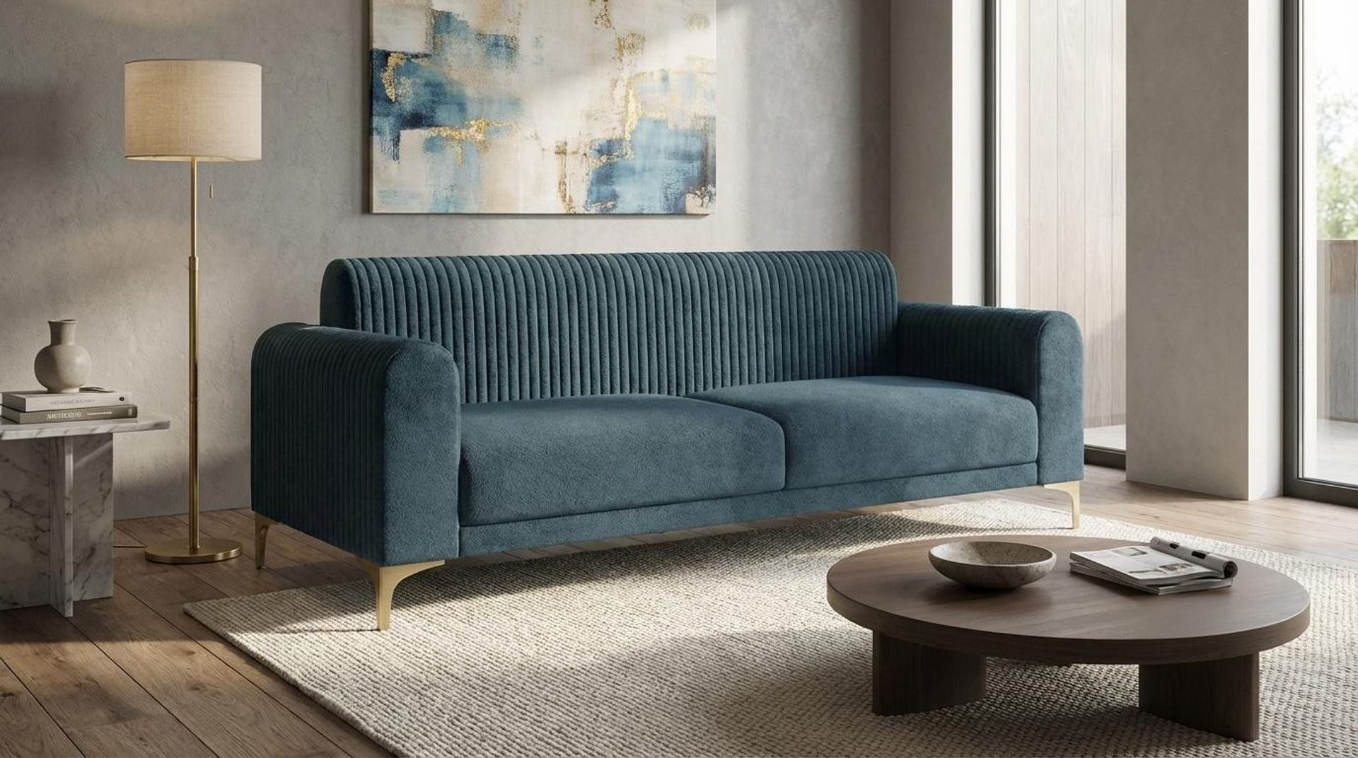 Hayden Home Premium Paris 3 Seater Sofa, PVD Brushed Gold Leg, Essential Vintage Blue Upholstery