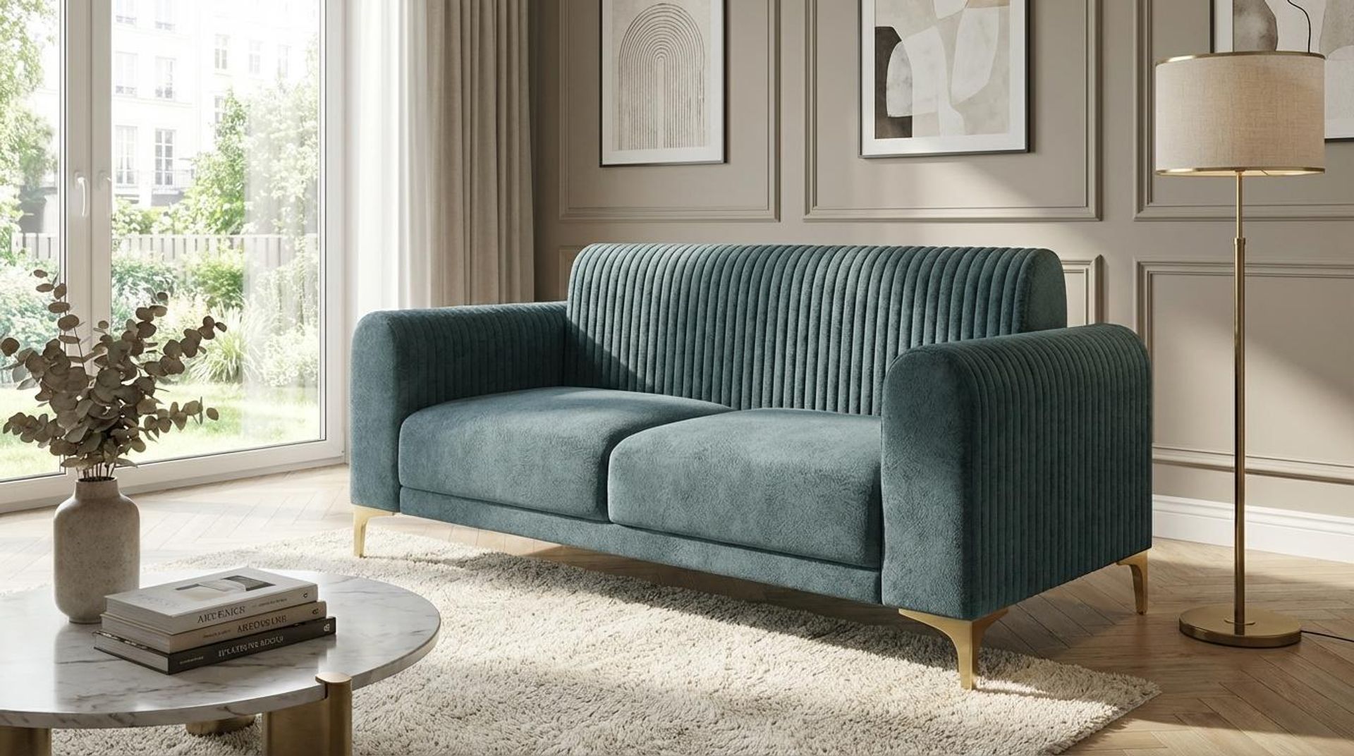 Hayden Home Premium Paris 2 Seater Sofa, PVD Brushed Gold Leg, Essential Teal Mist Upholstery