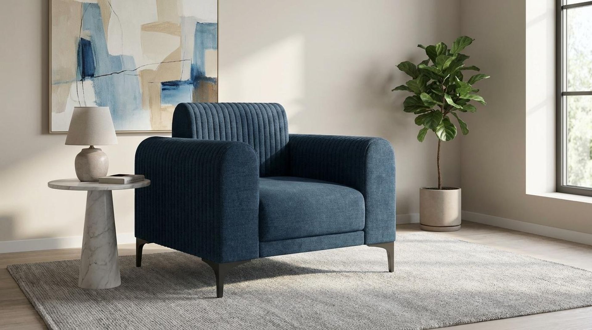 Hayden Home Premium Paris 1 Seater Sofa, Matt Black Leg, Premium Steel Blue Upholstery