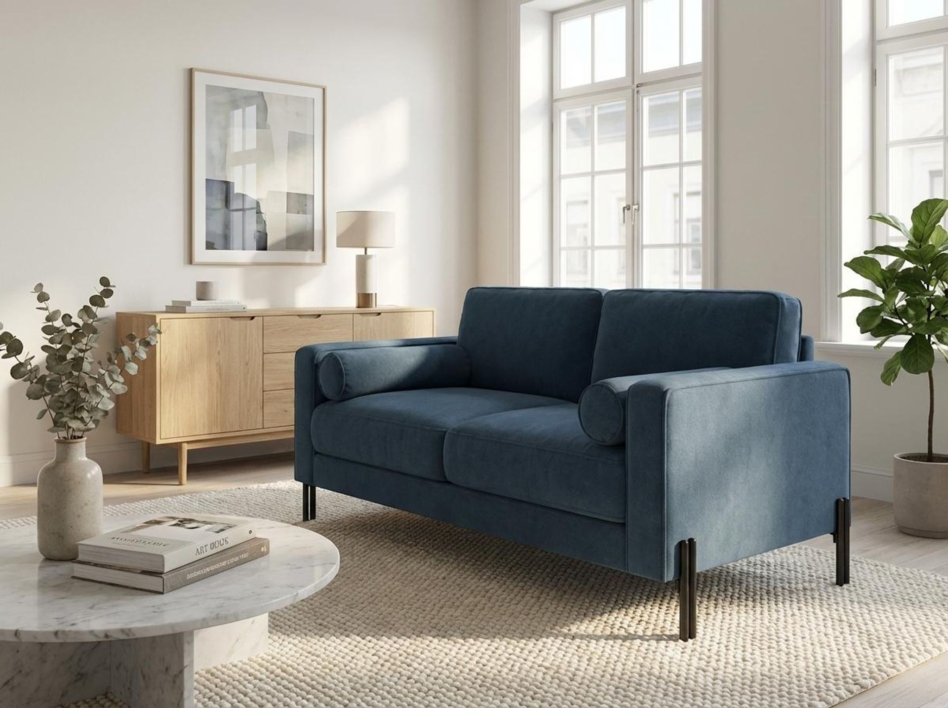 Hayden Home Premium Rio 2 Seater Sofa, Matt Black Leg, Essential Aegean Blue Upholstery