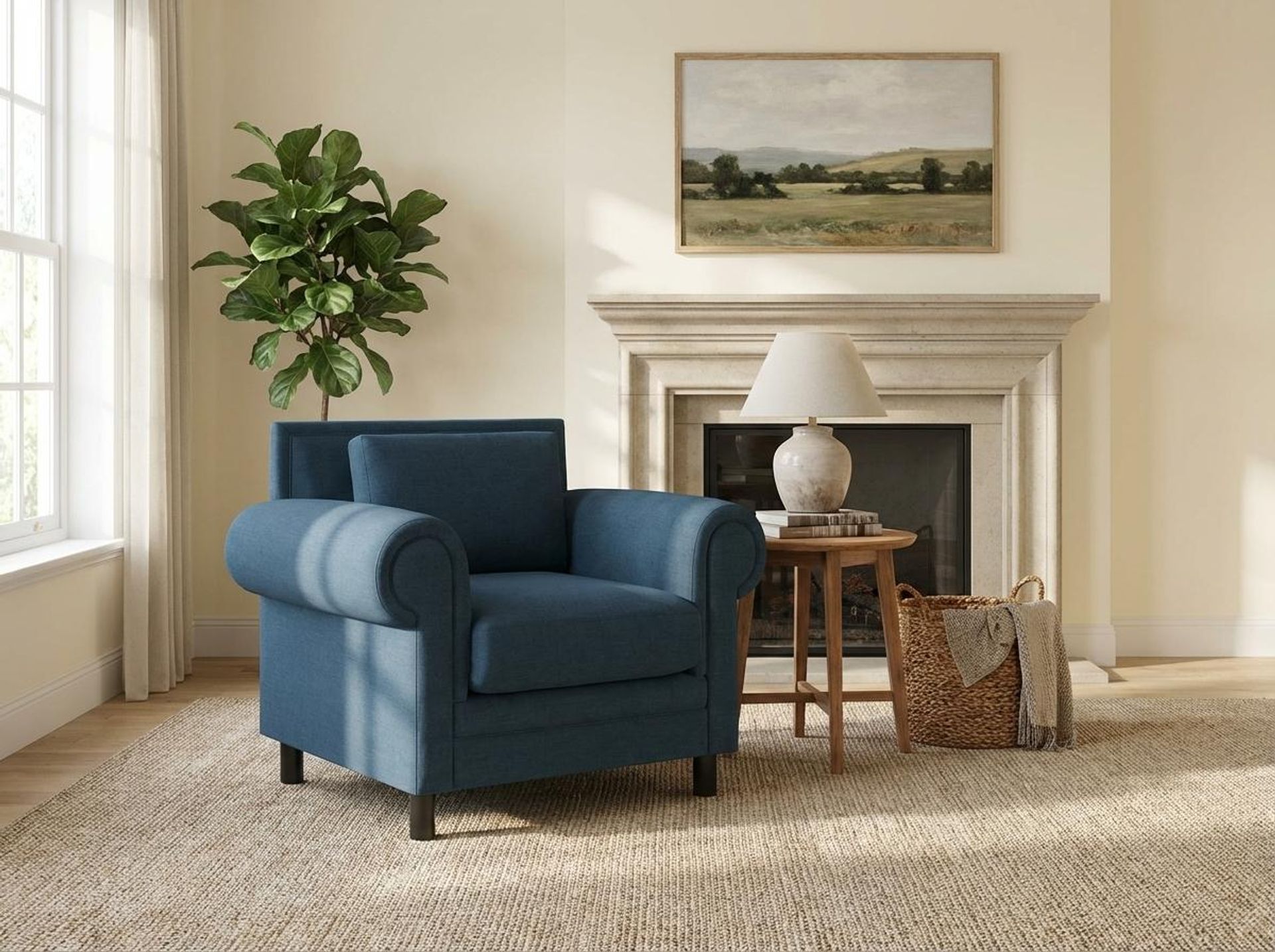 Hayden Home Premium Rome 1 Seater Sofa, Matt Black Leg, Essential Aegean Blue Upholstery