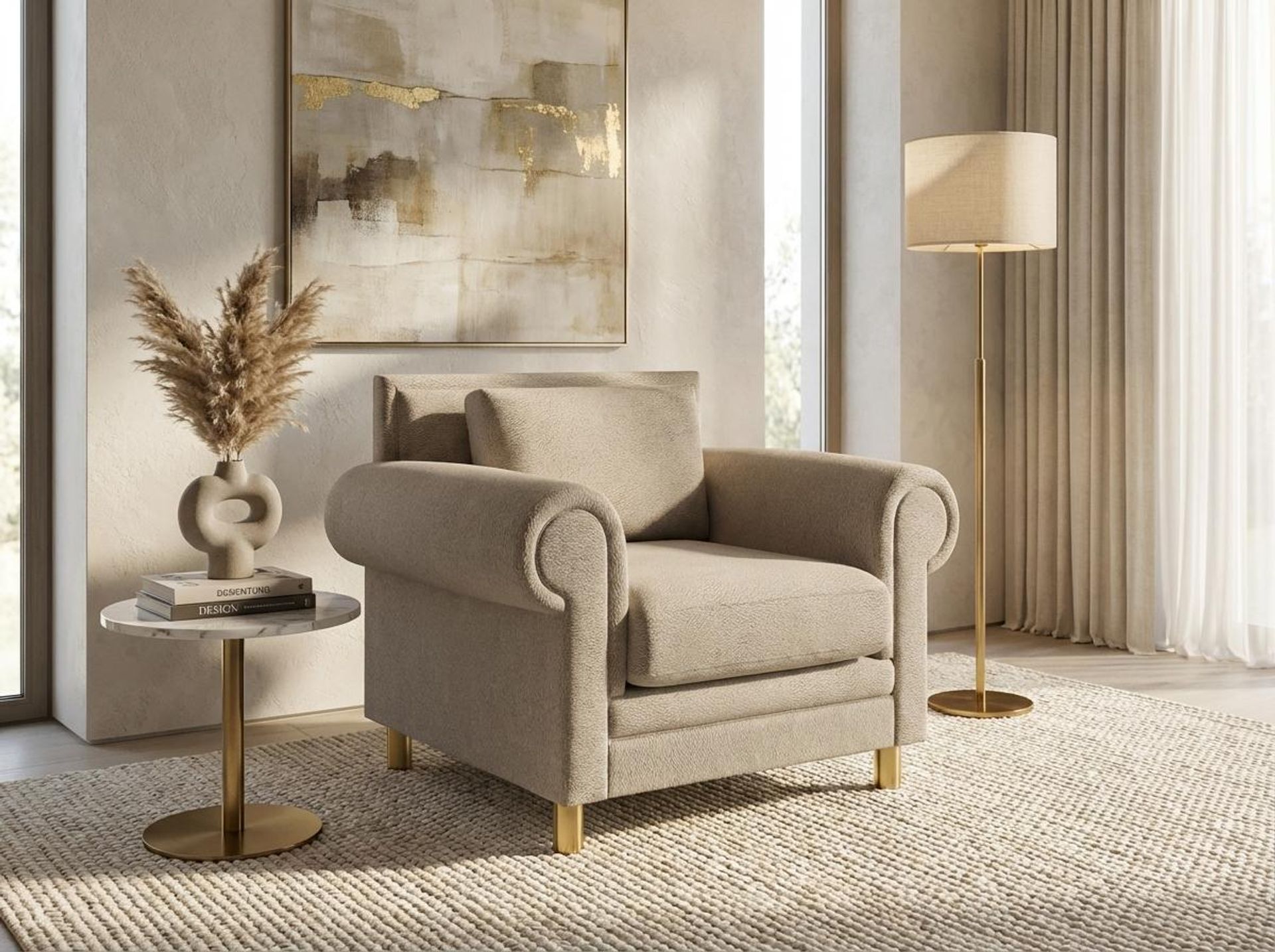 Hayden Home Premium Rome 1 Seater Sofa, PVD Brushed Gold Leg, Essential Bone Upholstery