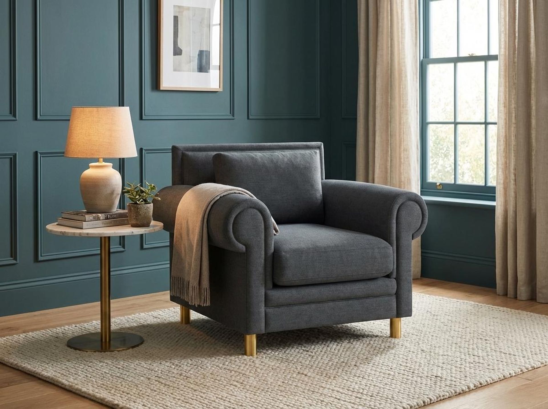 Hayden Home Premium Rome 1 Seater Sofa, PVD Brushed Gold Leg, Premium Steel Grey Upholstery