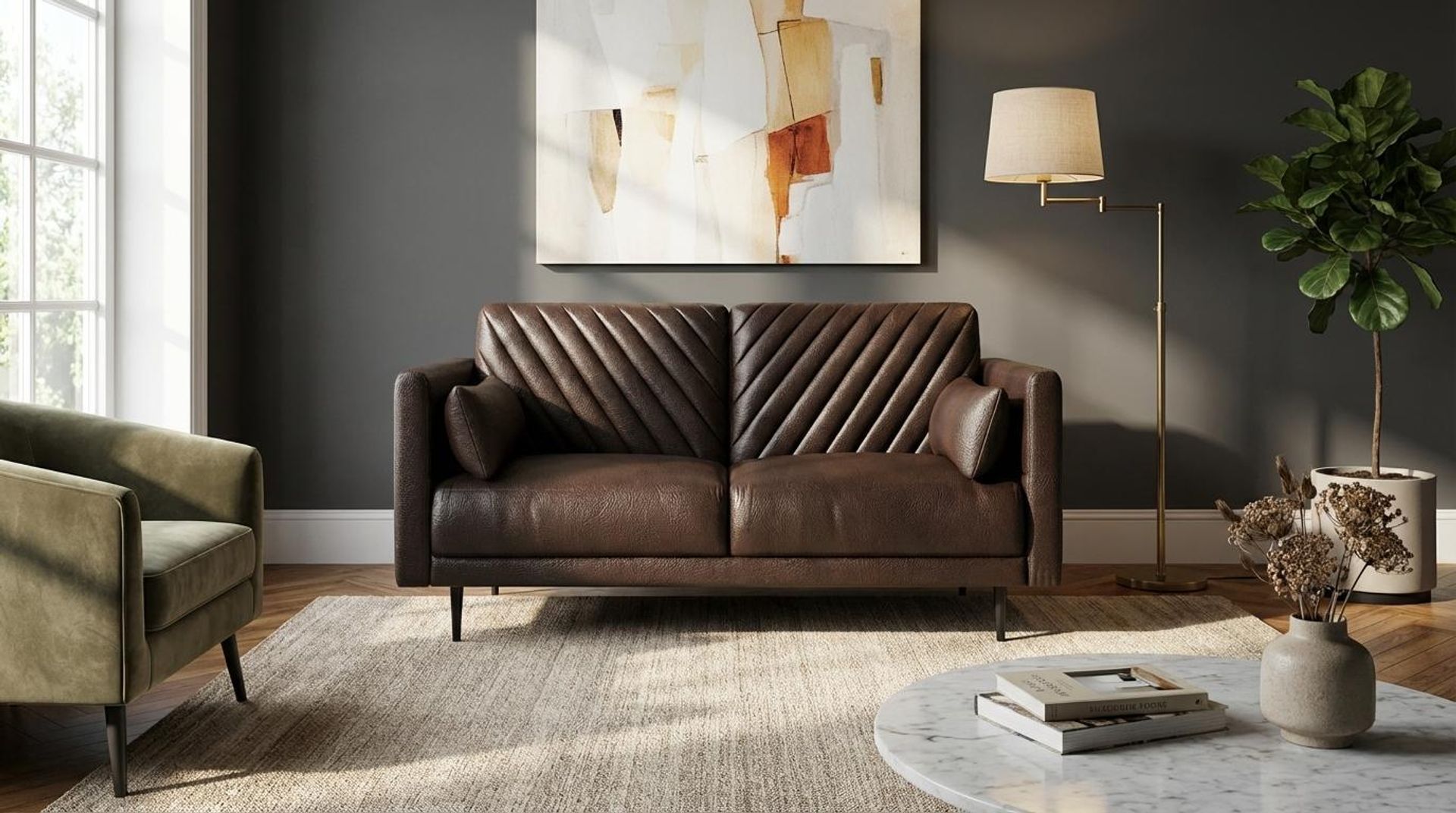 Hayden Home Premium Singapore 2 Seater Sofa, Matt Black Leg, Essential Beige Brown Upholstery