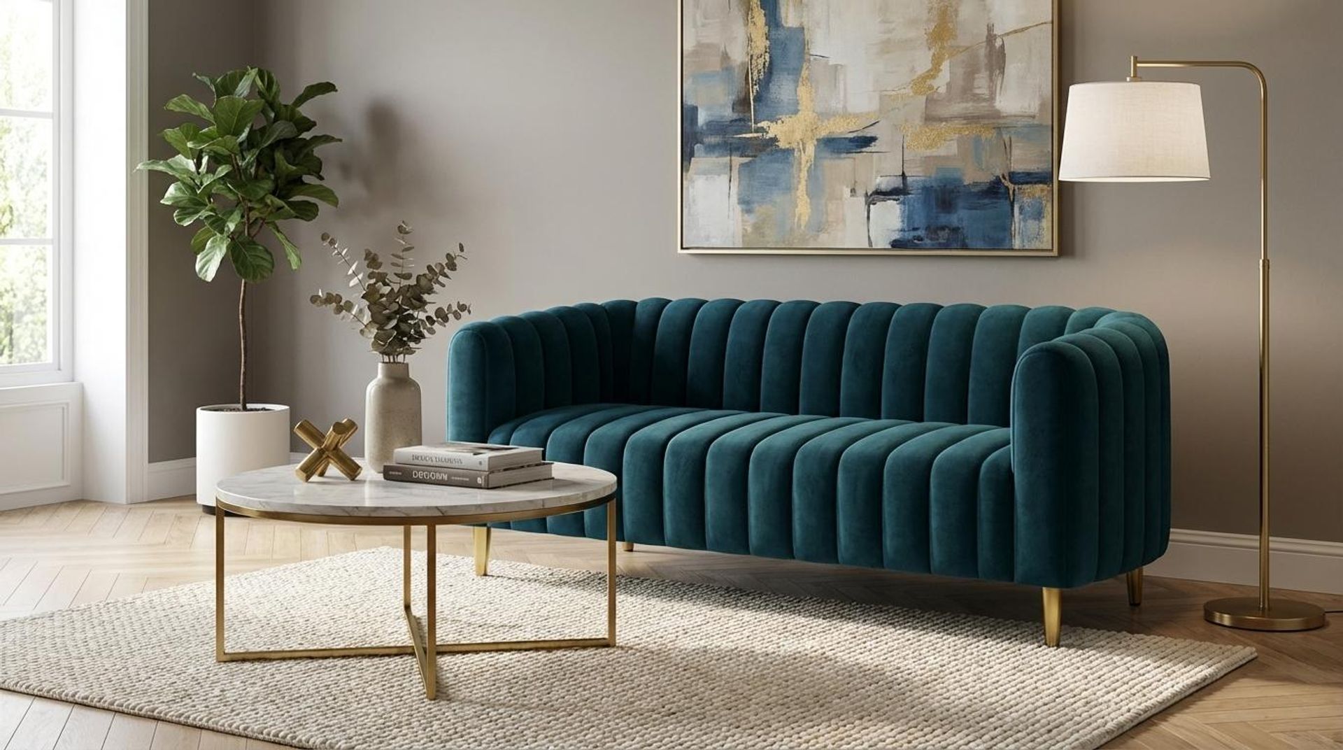 Hayden Home Premium Sydney 3 Seater Sofa, PVD Brushed Gold Leg, Essential Aegean Blue Upholstery