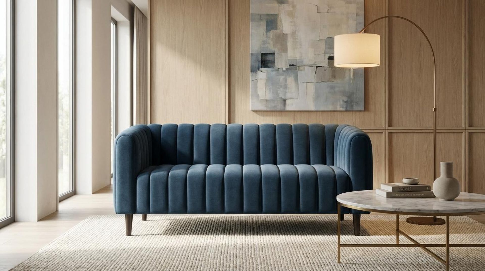 Hayden Home Premium Sydney 2 Seater Sofa, Matt Black Leg, Essential Aegean Blue Upholstery
